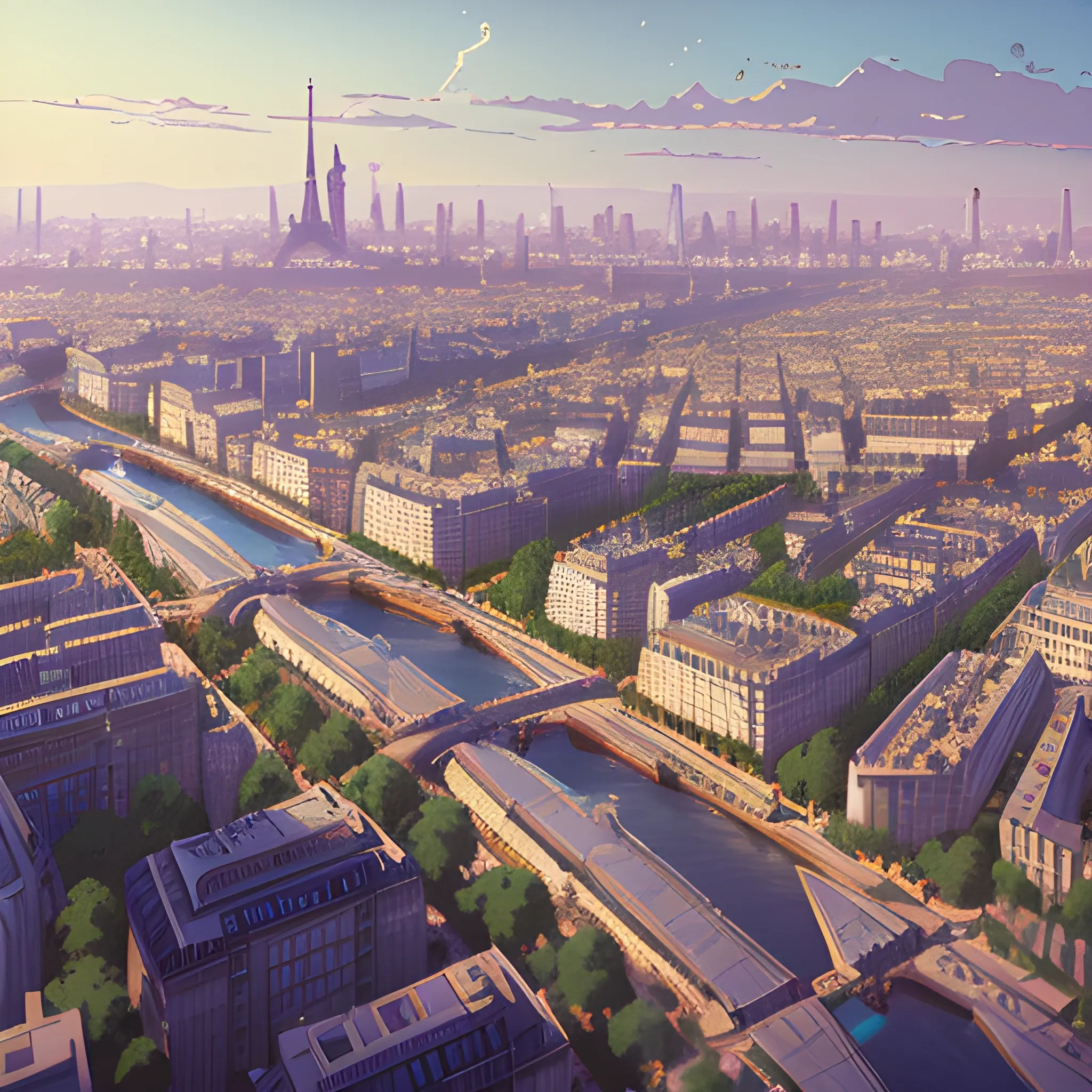 Top view of City of Paris... in the style of makoto shinkai and greg rutkowski and albert bierstadt and james gurney