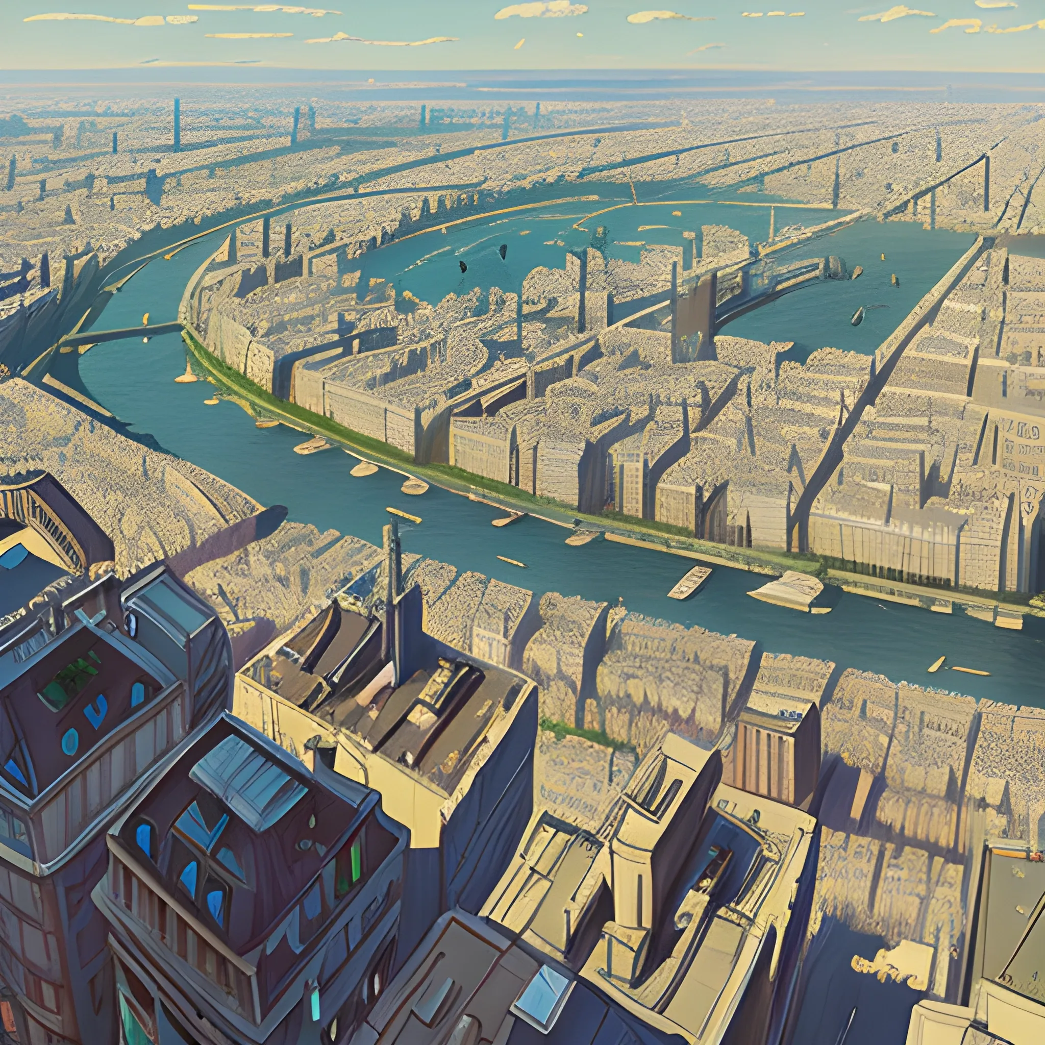 Top view of City of Paris... in the style of makoto shinkai and greg rutkowski and albert bierstadt and james gurney