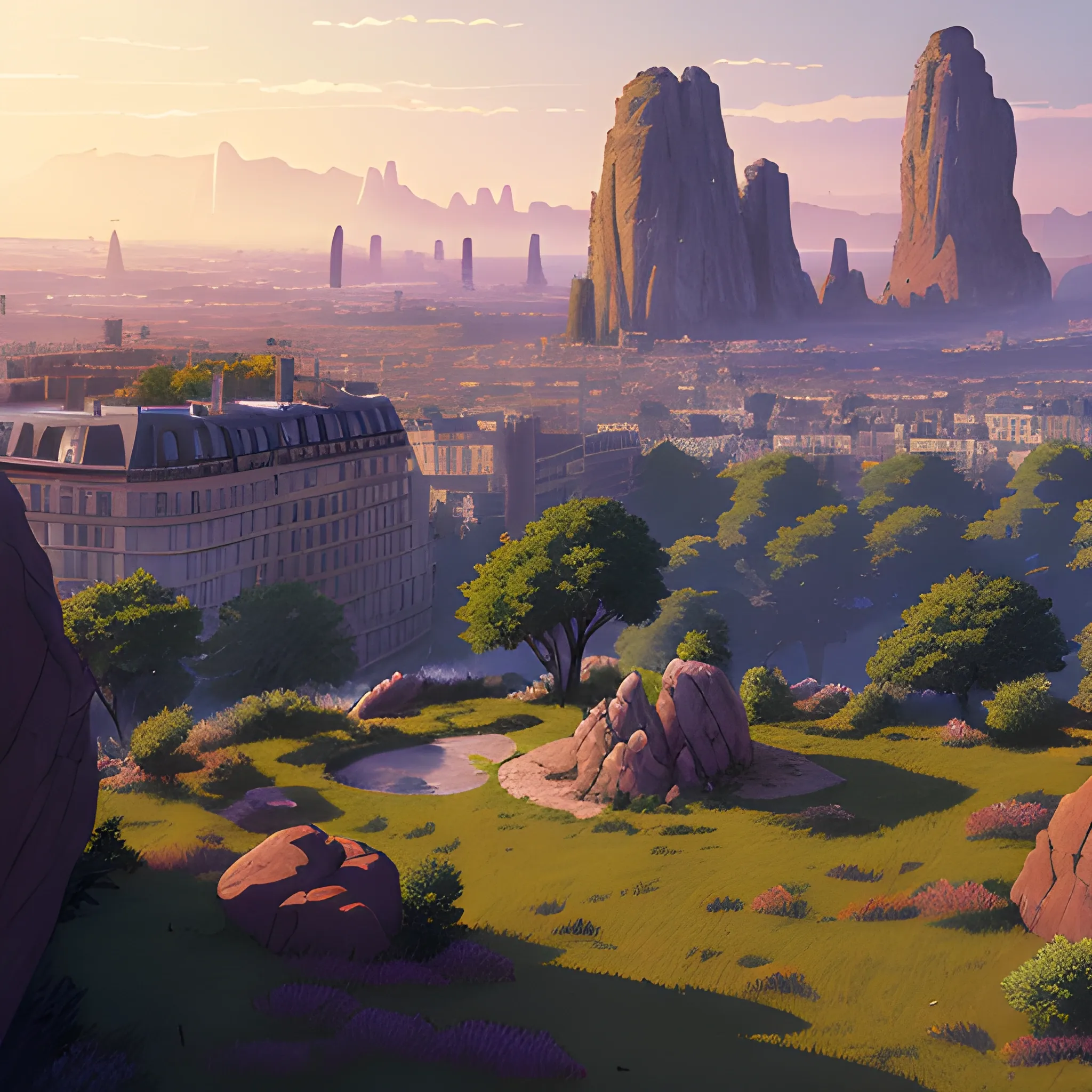 City of Paris, a top view of a giants rocks, grasses... in the style of makoto shinkai and greg rutkowski and albert bierstadt and james gurney