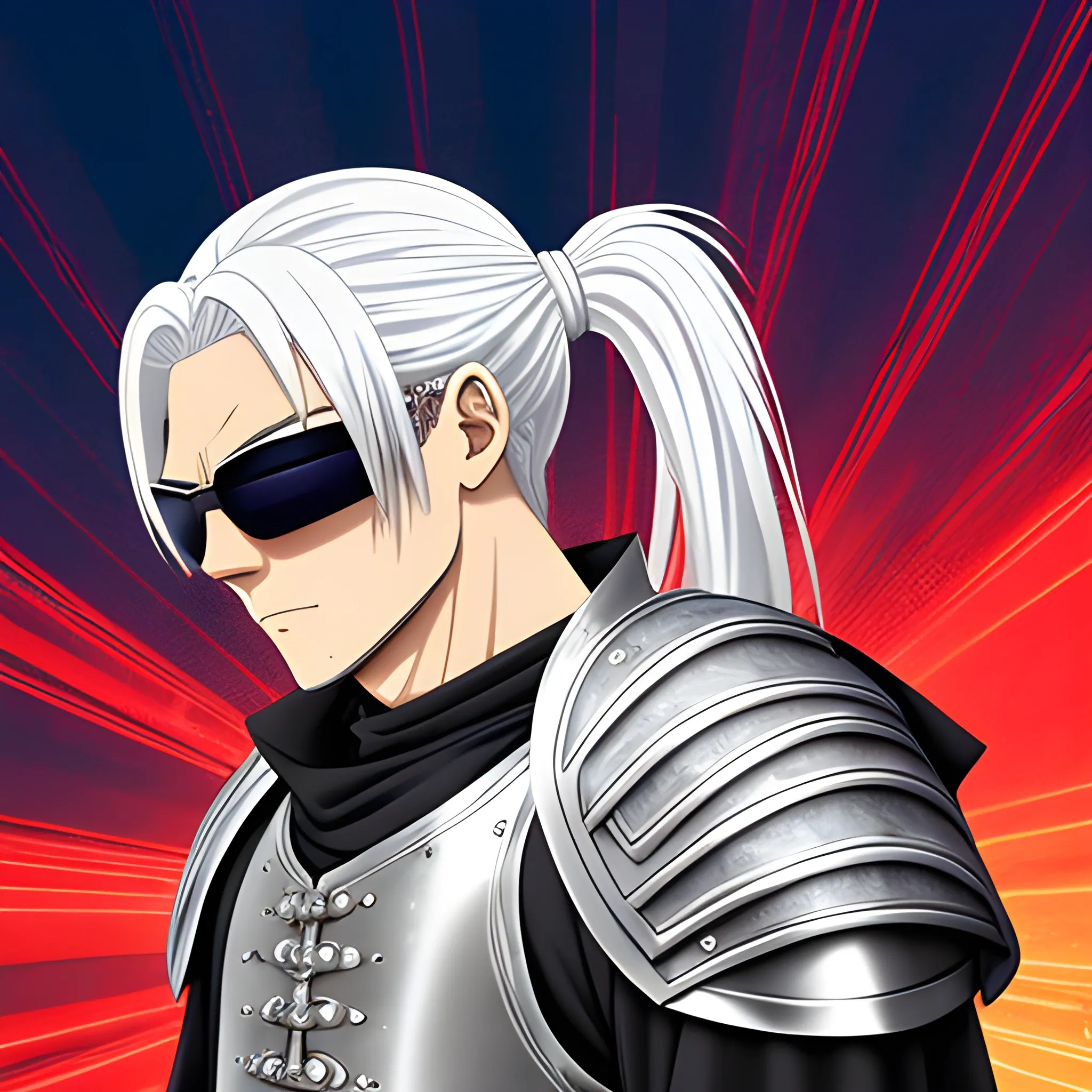 Anime styled, White hair ponytail, Silver tinted goggles, male in his 30s, medieval armor. Dual-wield, Trippy