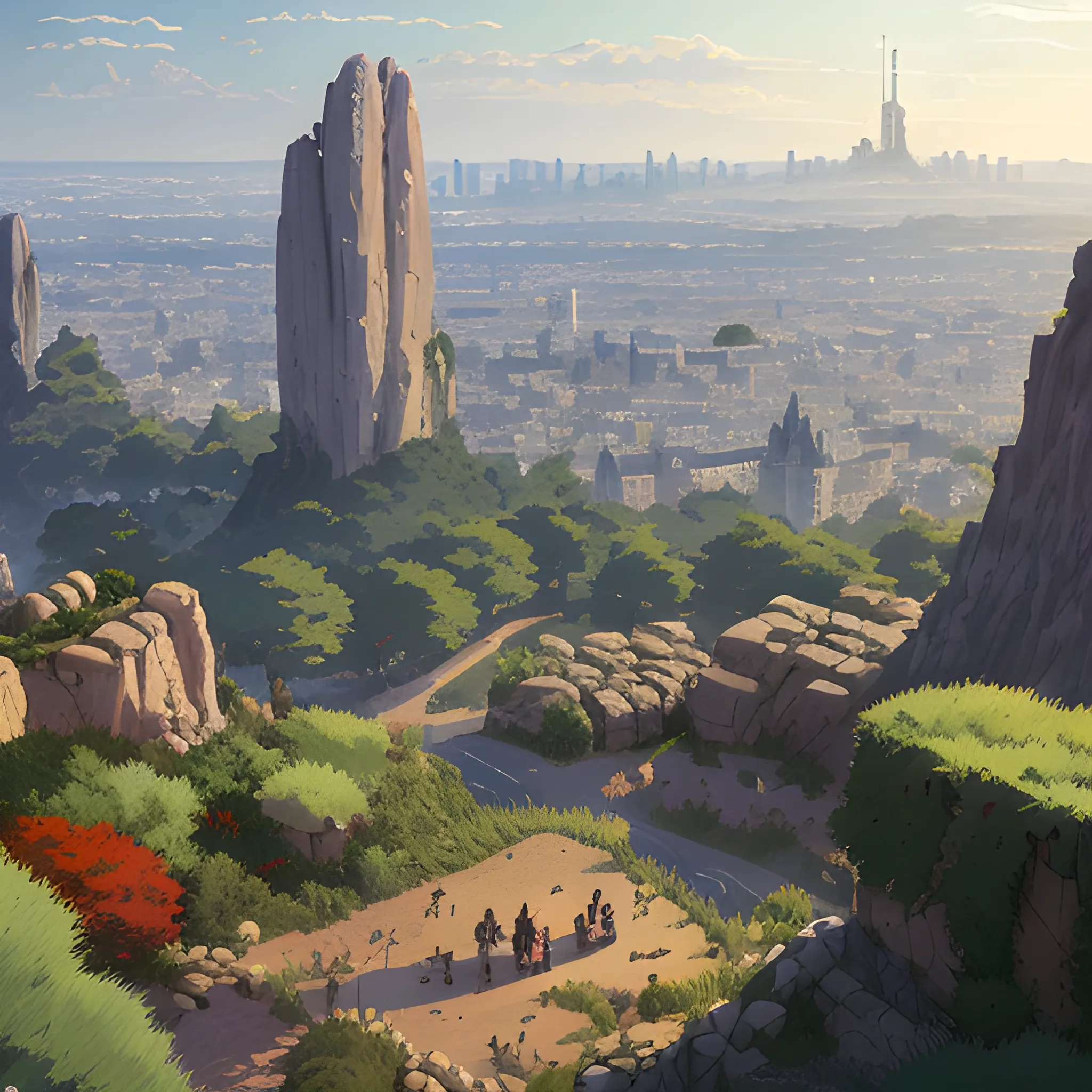 City of Paris, a top view of a giants rocks, grasses... in the style of makoto shinkai and greg rutkowski and albert bierstadt and james gurney