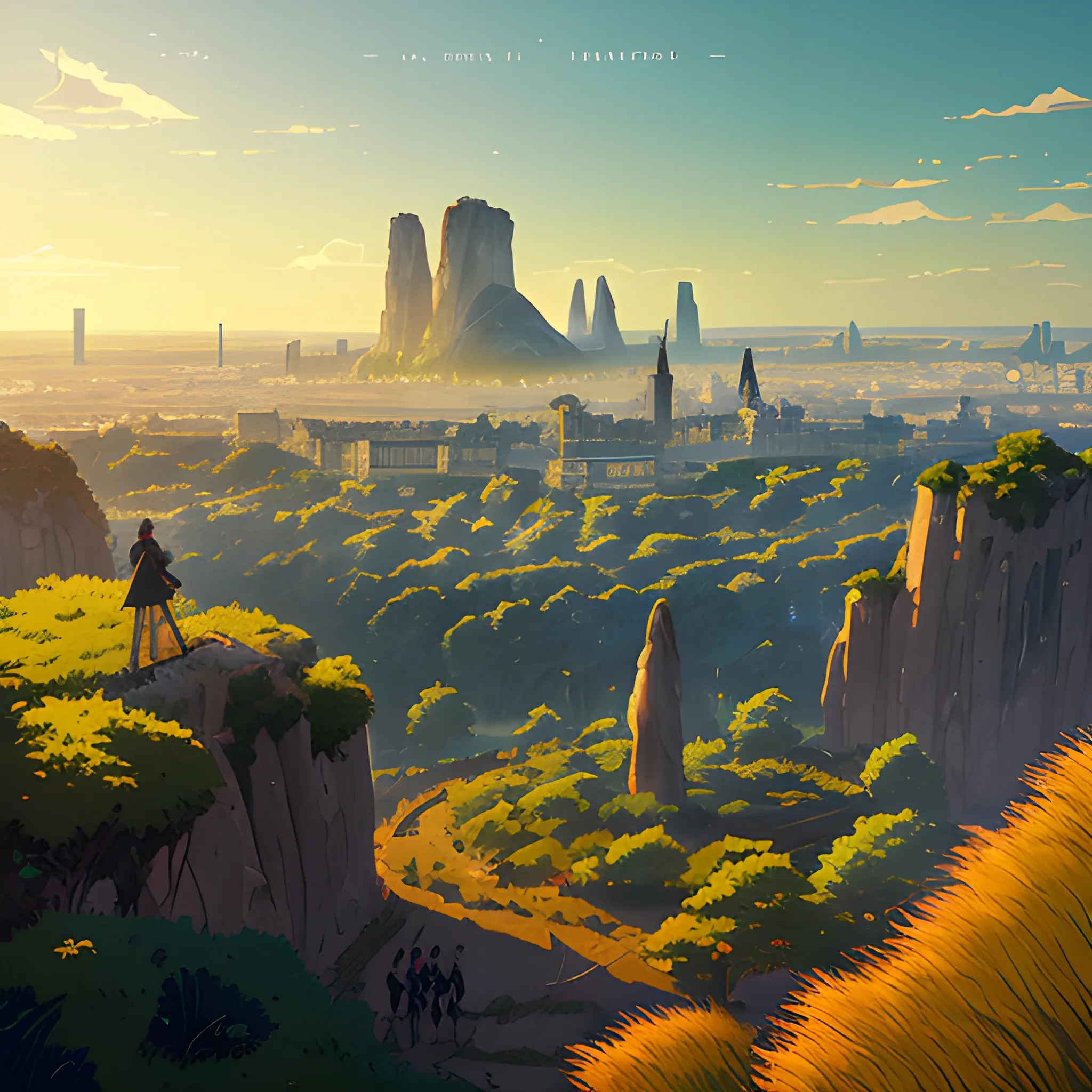 City of Paris, a top view of a giants rocks, grasses... in the style of makoto shinkai and greg rutkowski and albert bierstadt and james gurney