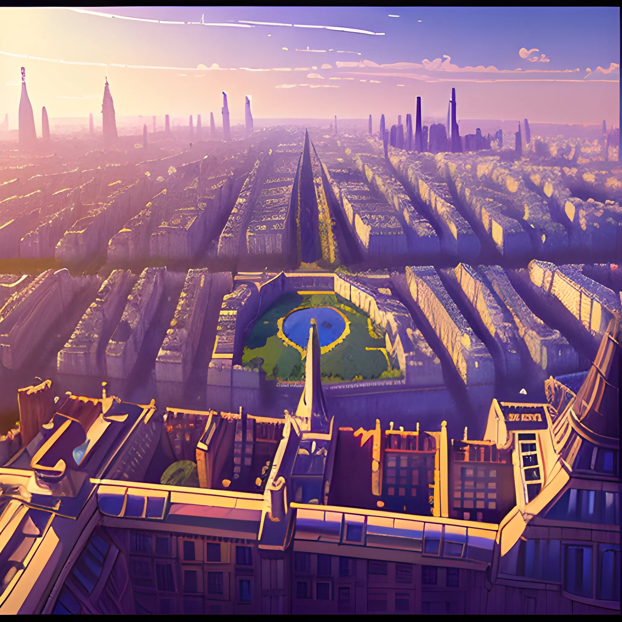 Top view of City of Paris... in the style of makoto shinkai and greg rutkowski and albert bierstadt and james gurney