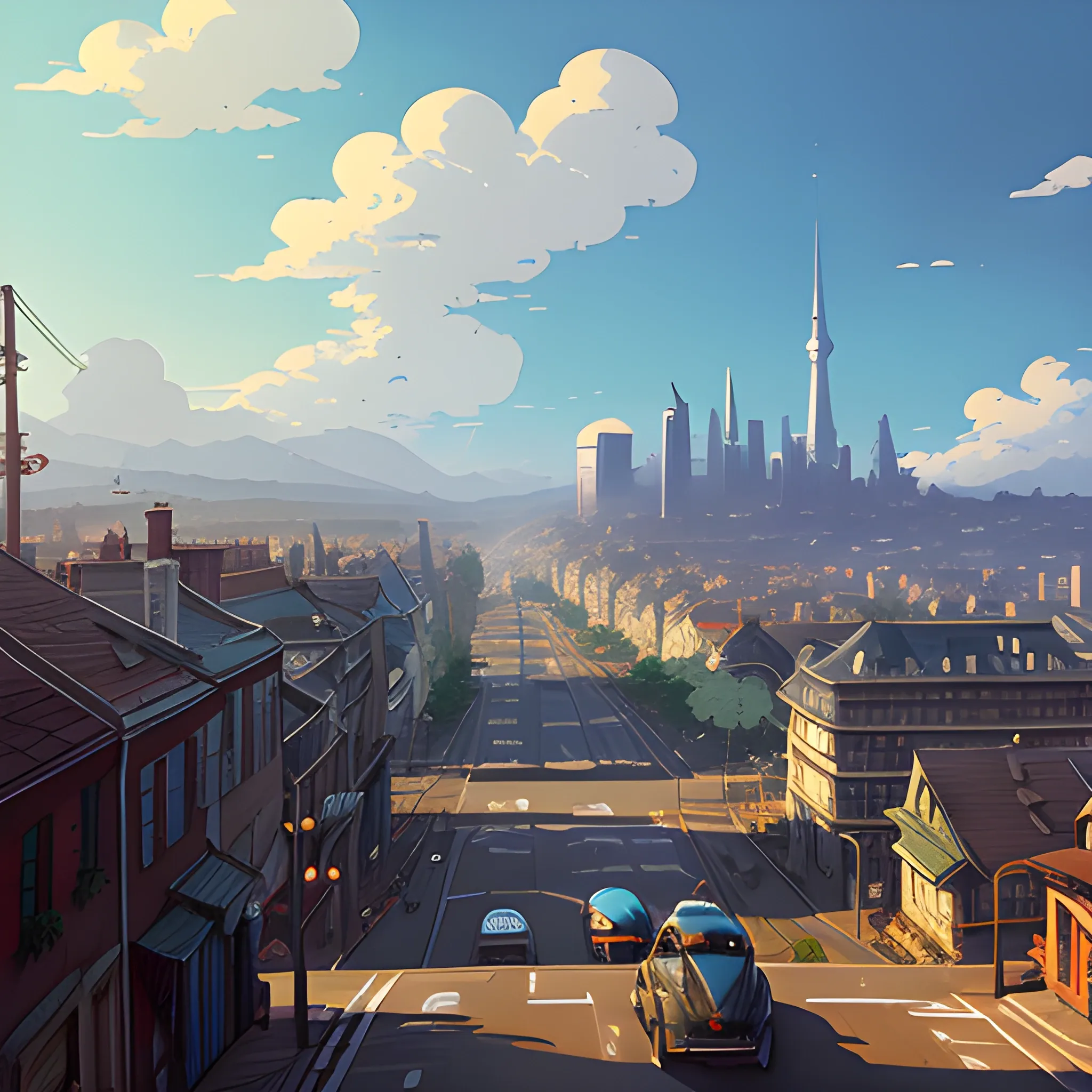 Top vieux of a City with roads and buildings... in the style of makoto shinkai and greg rutkowski and albert bierstadt and james gurney