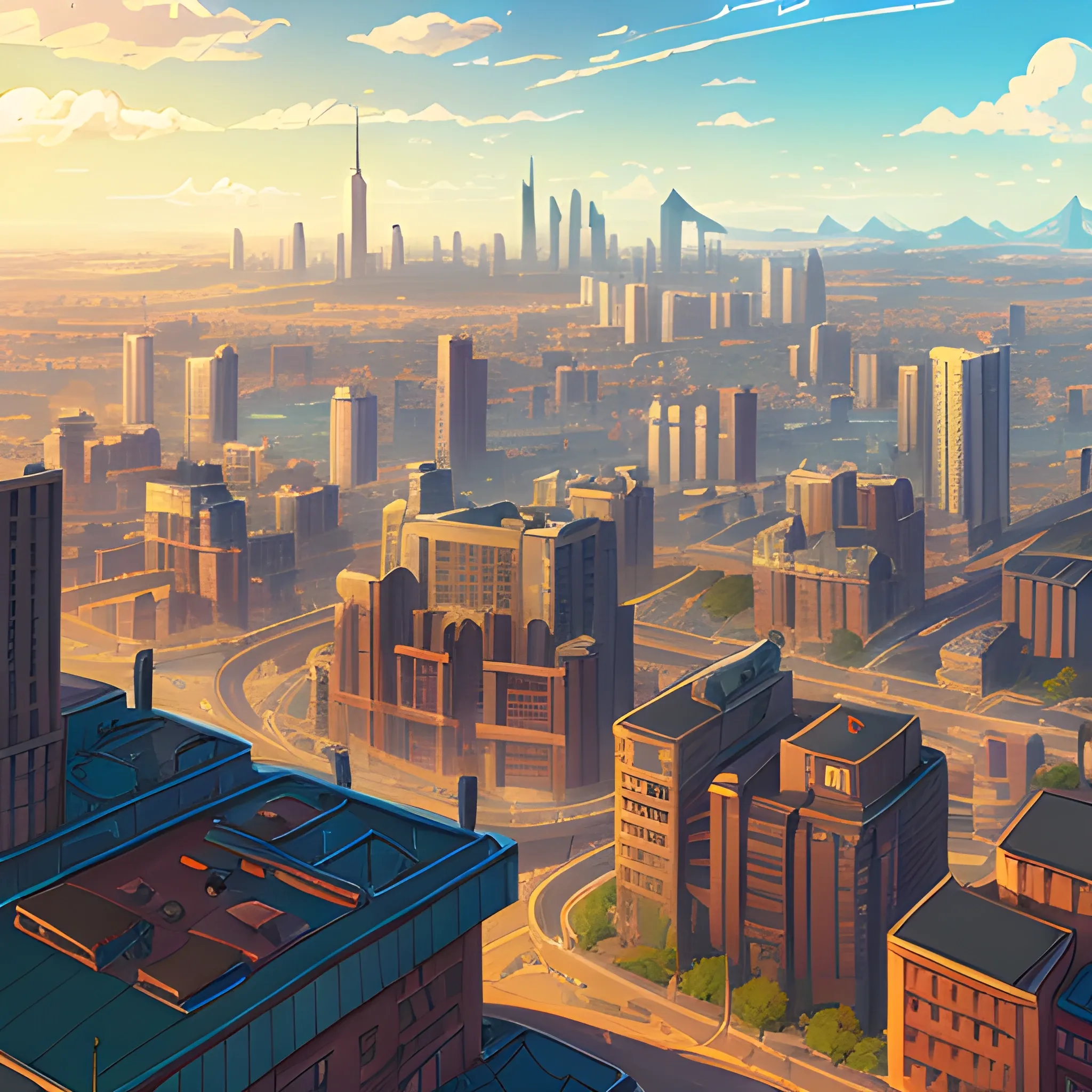 Top view of a City with roads and buildings... in the style of makoto shinkai and greg rutkowski and albert bierstadt and james gurney