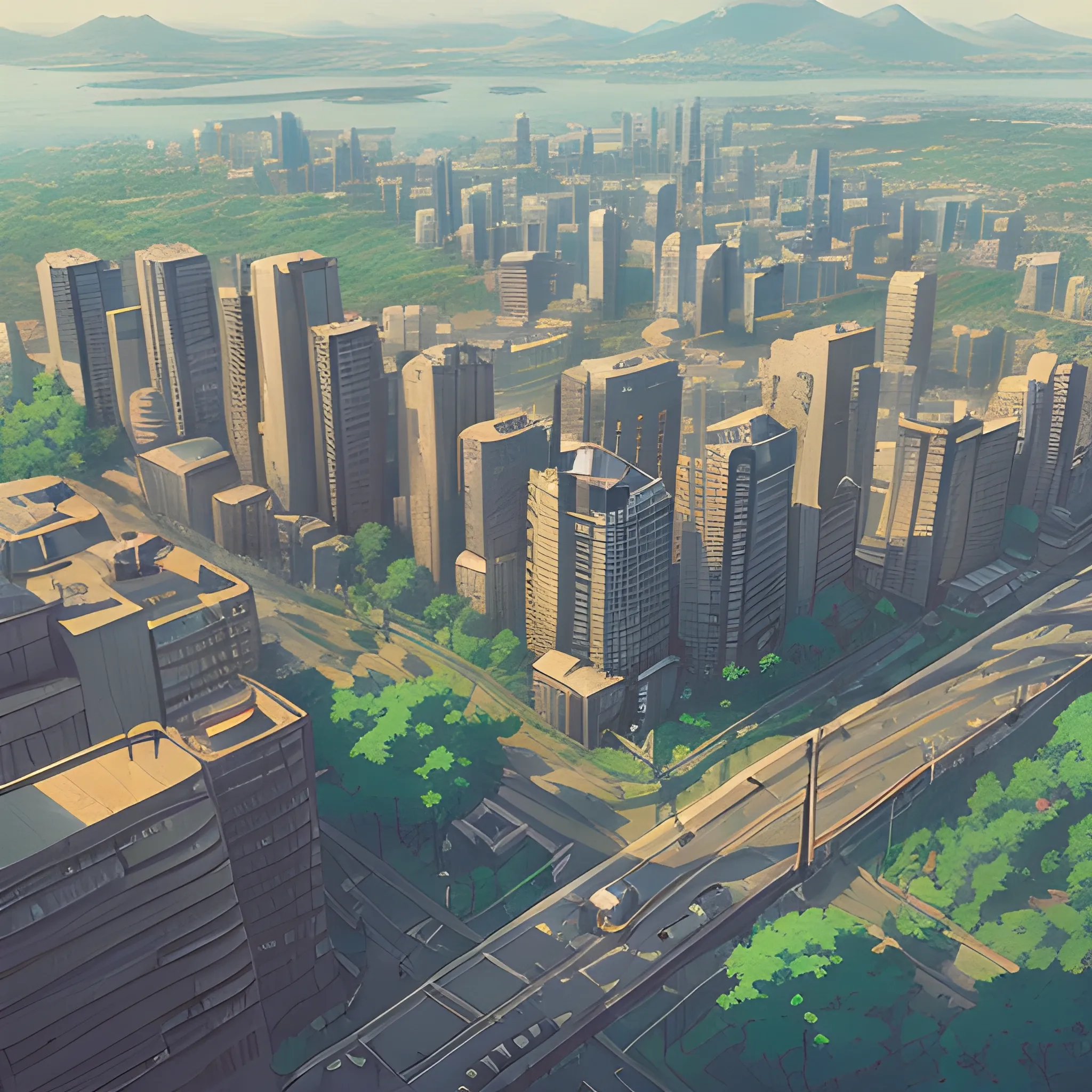 Top view of a City with roads, buildings ans trees... in the style of makoto shinkai and greg rutkowski and albert bierstadt and james gurney