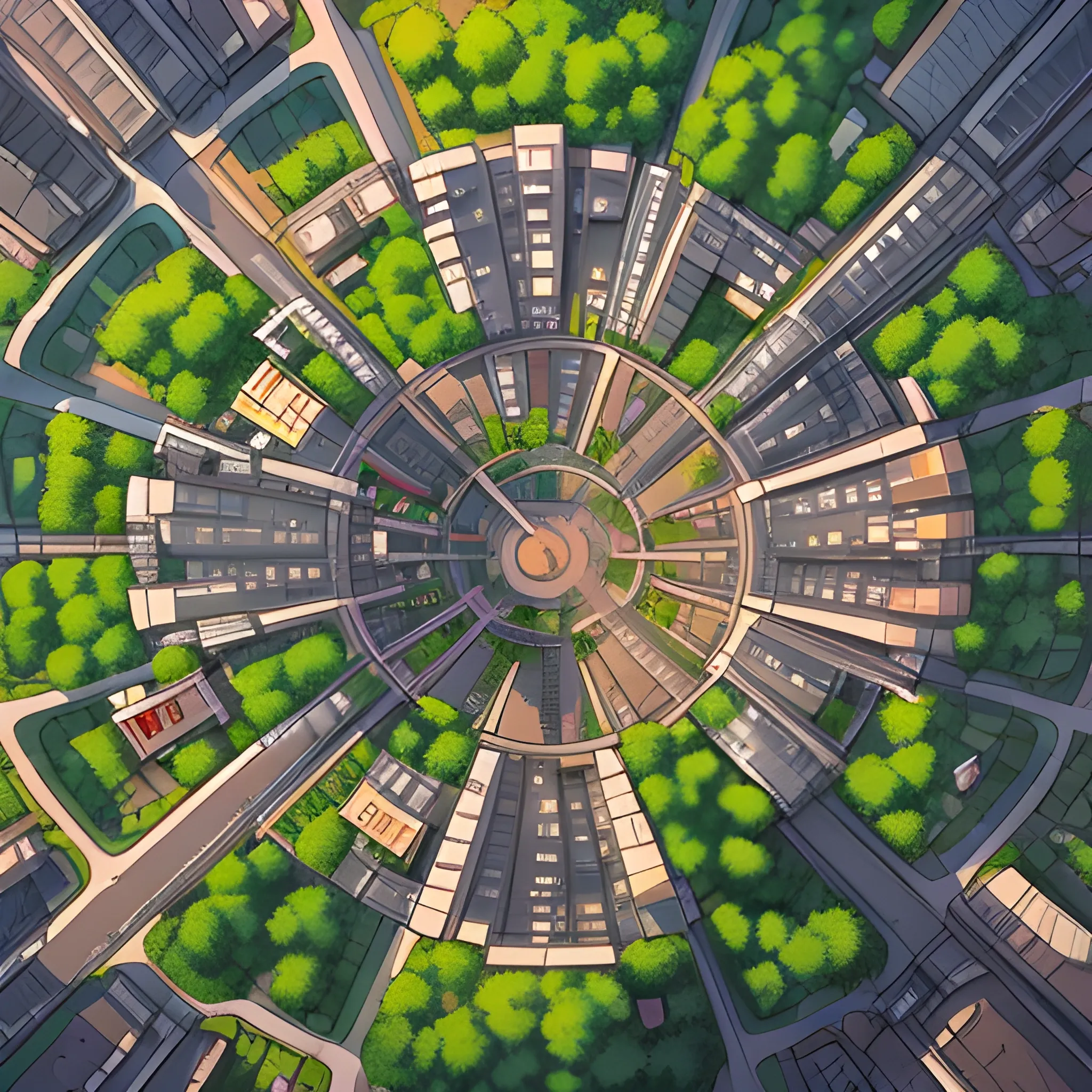 Top view of a City with roads, buildings ans trees... in the style of makoto shinkai and greg rutkowski and albert bierstadt and james gurney