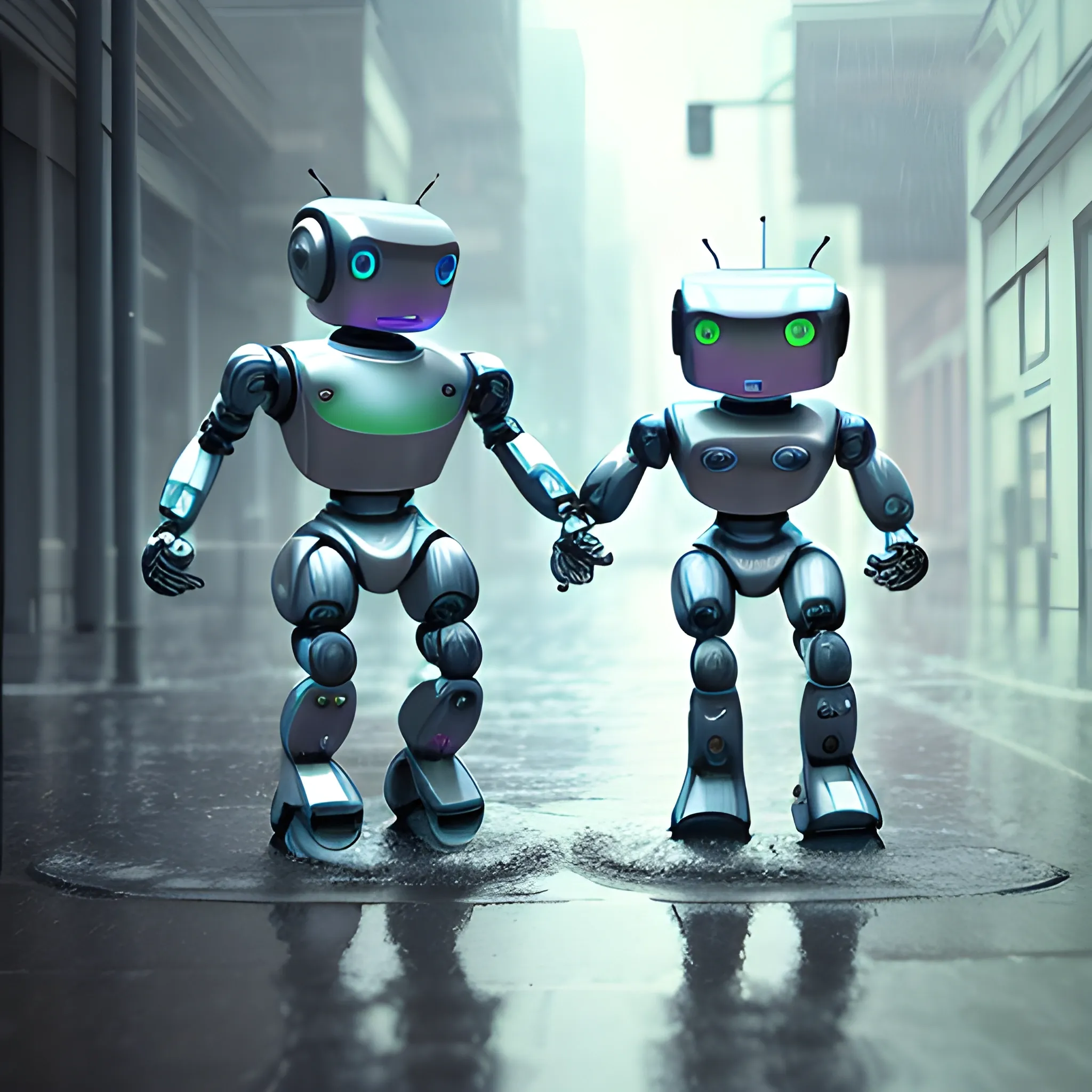 robots are dancing in the rain, 3D, reflections, best quality, masterpiece, ultra high res, photorealistic, Chalk, Photo, Realistic, 3D Render, Subsurface Scattering