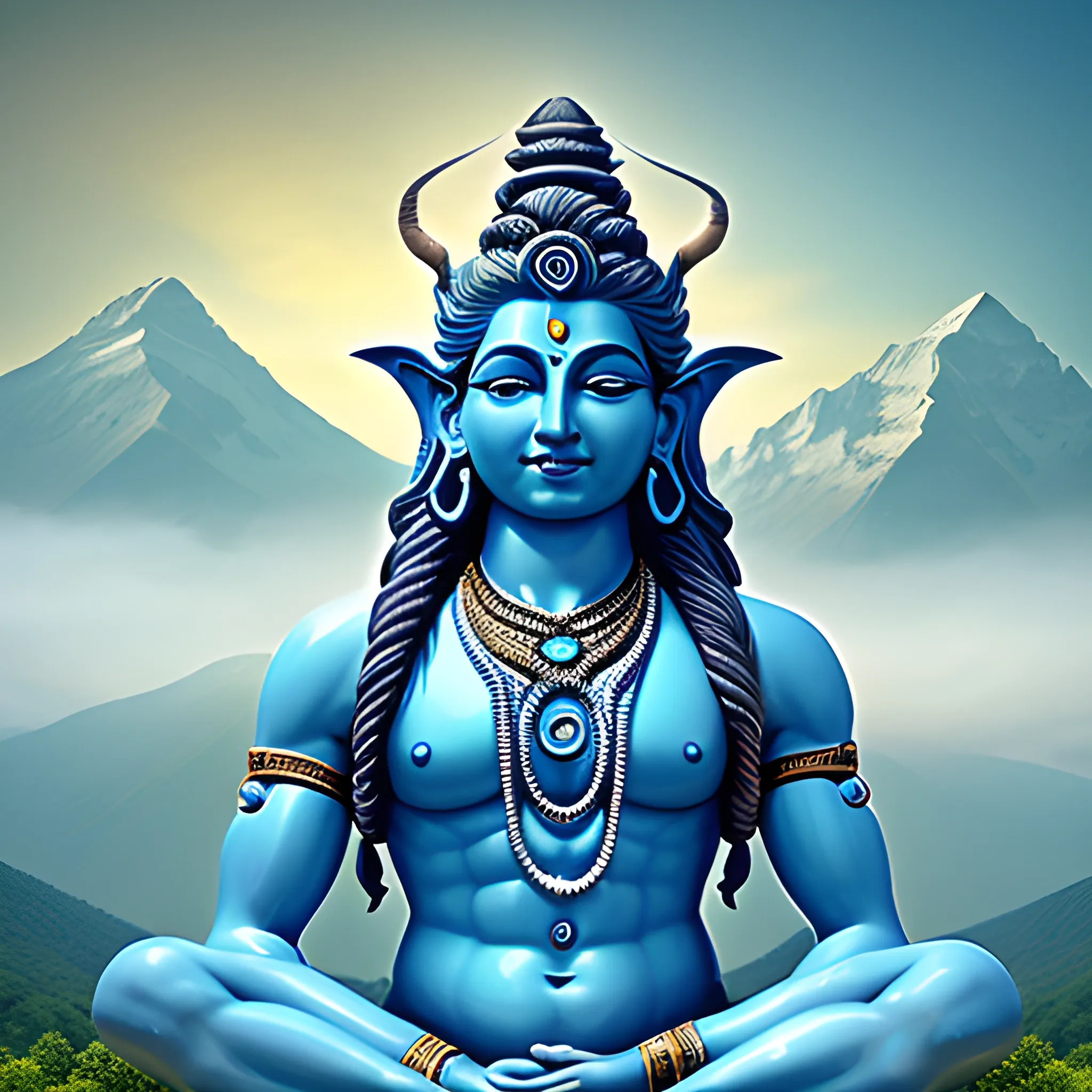 Create a digital artwork of a mystical sky-blue-skinned deity lord shiva seated in a lush, mountainous landscape. The deity lord shiva holds a trident and has long flowing hair extending into the clouds. Include a busy multi-lane highway running through the natural scenery, symbolizing the intersection of ancient wisdom with modern civilization, HD, 8k.