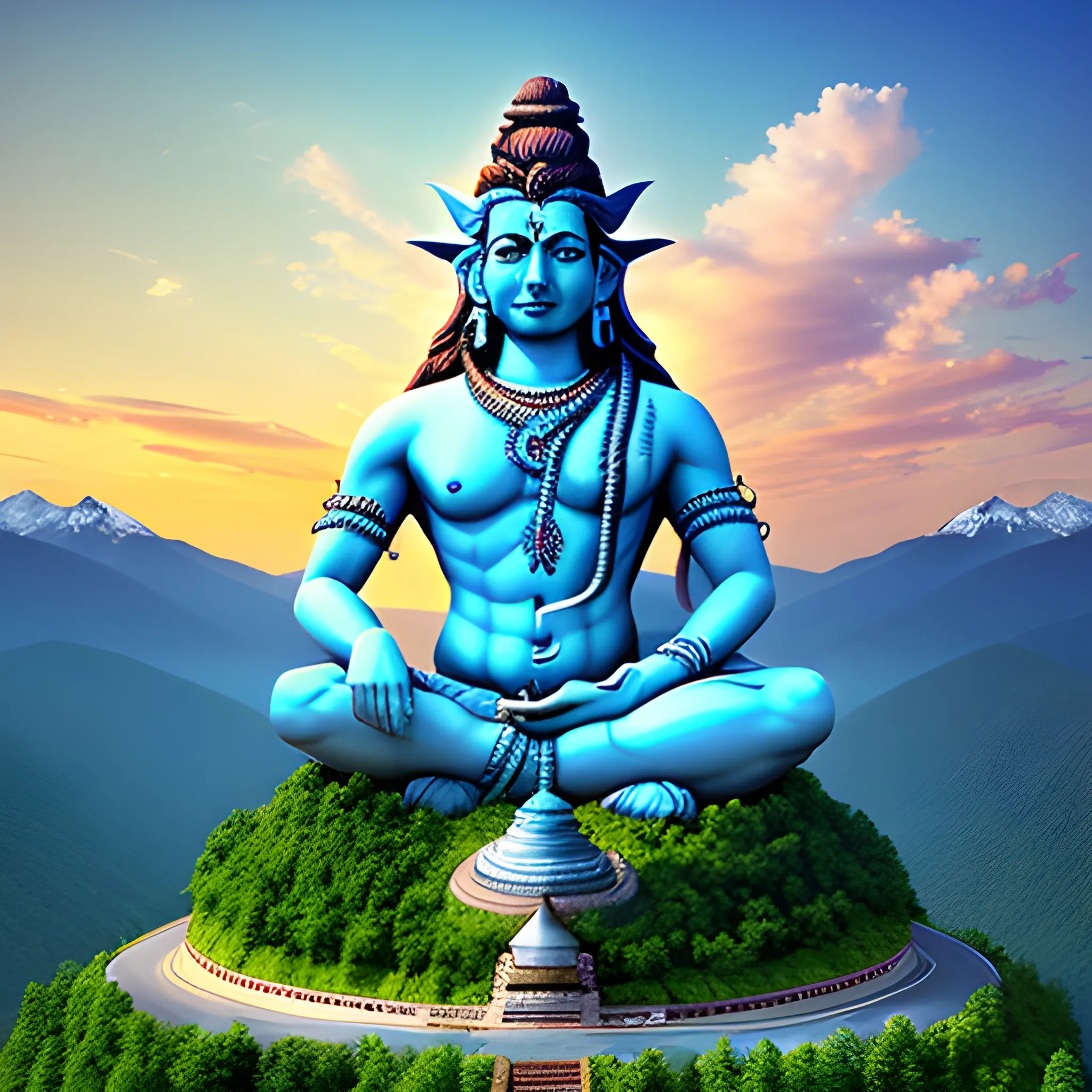 Create a digital artwork of a mystical sky-blue-skinned deity lord shiva seated in a lush, mountainous landscape. The deity lord shiva holds a trident and has long flowing hair extending into the clouds. Include a busy multi-lane highway running through the natural scenery, symbolizing the intersection of ancient wisdom with modern civilization, HD, 8k., 3D