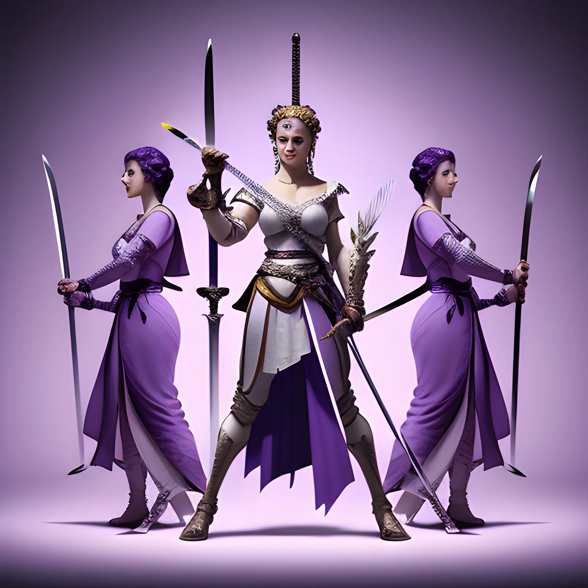 a woman holding swords and standing next to a sword, in the style of light purple and light indigo, 2d, dark white and light amber, dignified poses, li-core, group material, azure