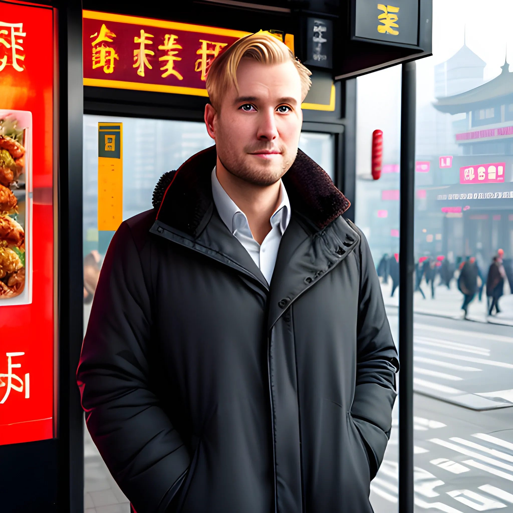 go to a bus stop in Shanghai, on the other side of the street there are restaurants with typical Chinese food.
At the bus stop a white boy, dark blond hair, aged between 25 and 30 years old, he wears winter clothes, is standing and staring at the camera.
He has a worried expression.


