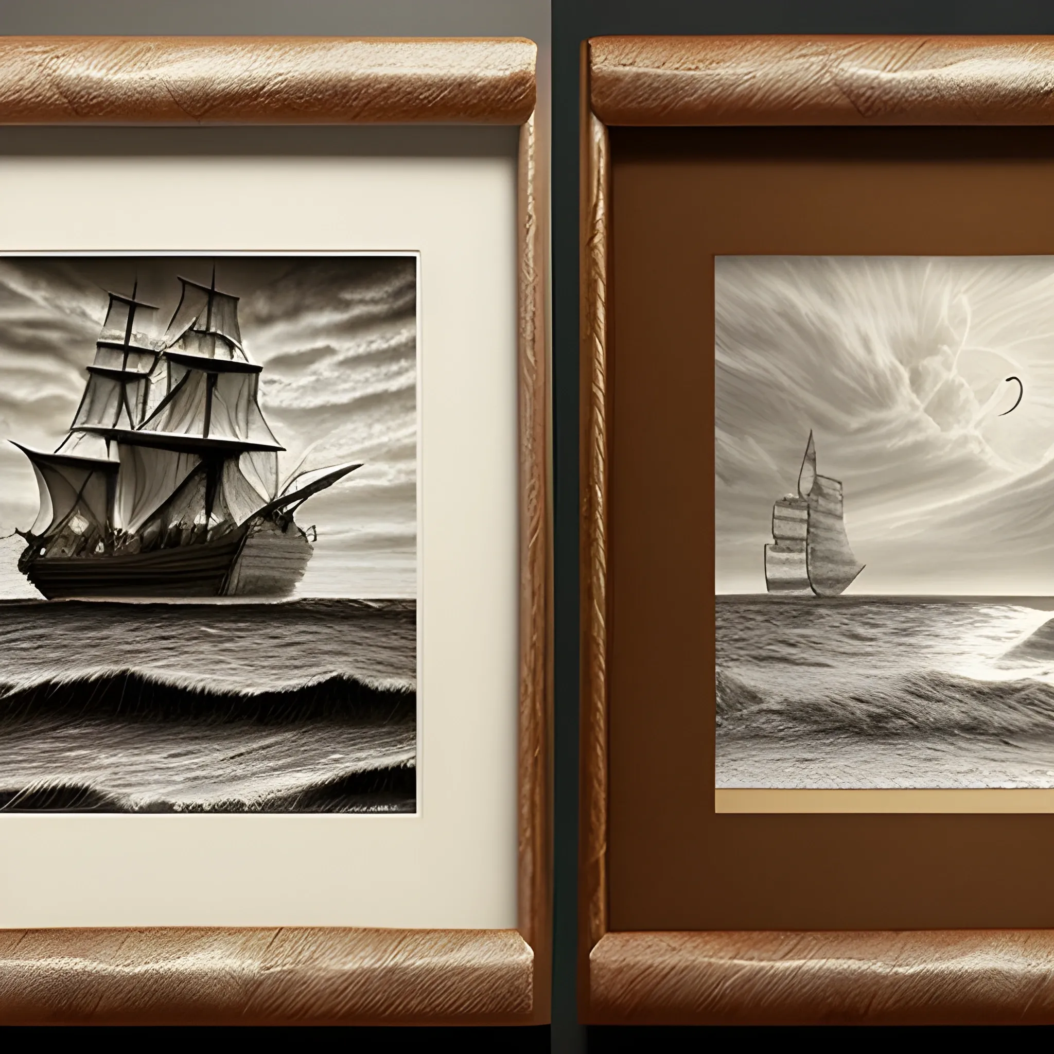 Two picture frames with a rough ocean in the left one and a nice smooth ocean at sunset on the right. A pirate ship is leaving the stormy picture and entering the calm one. Pencil sketch