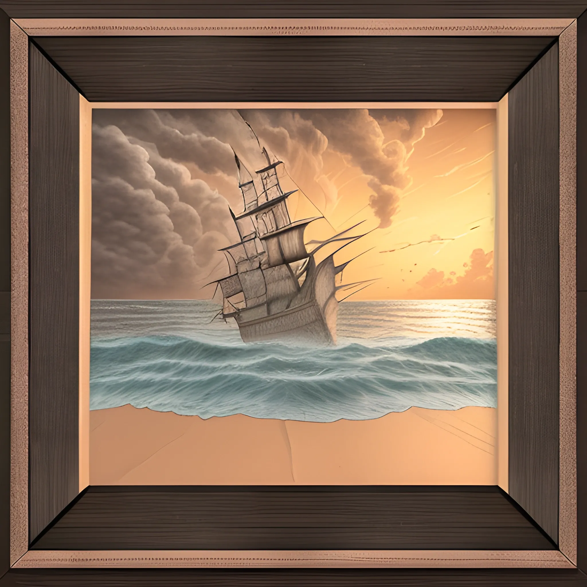 Two picture frames with a rough ocean in the left one and a nice smooth ocean at sunset on the right. A pirate ship is leaving the stormy picture and entering the calm one. Pencil sketch