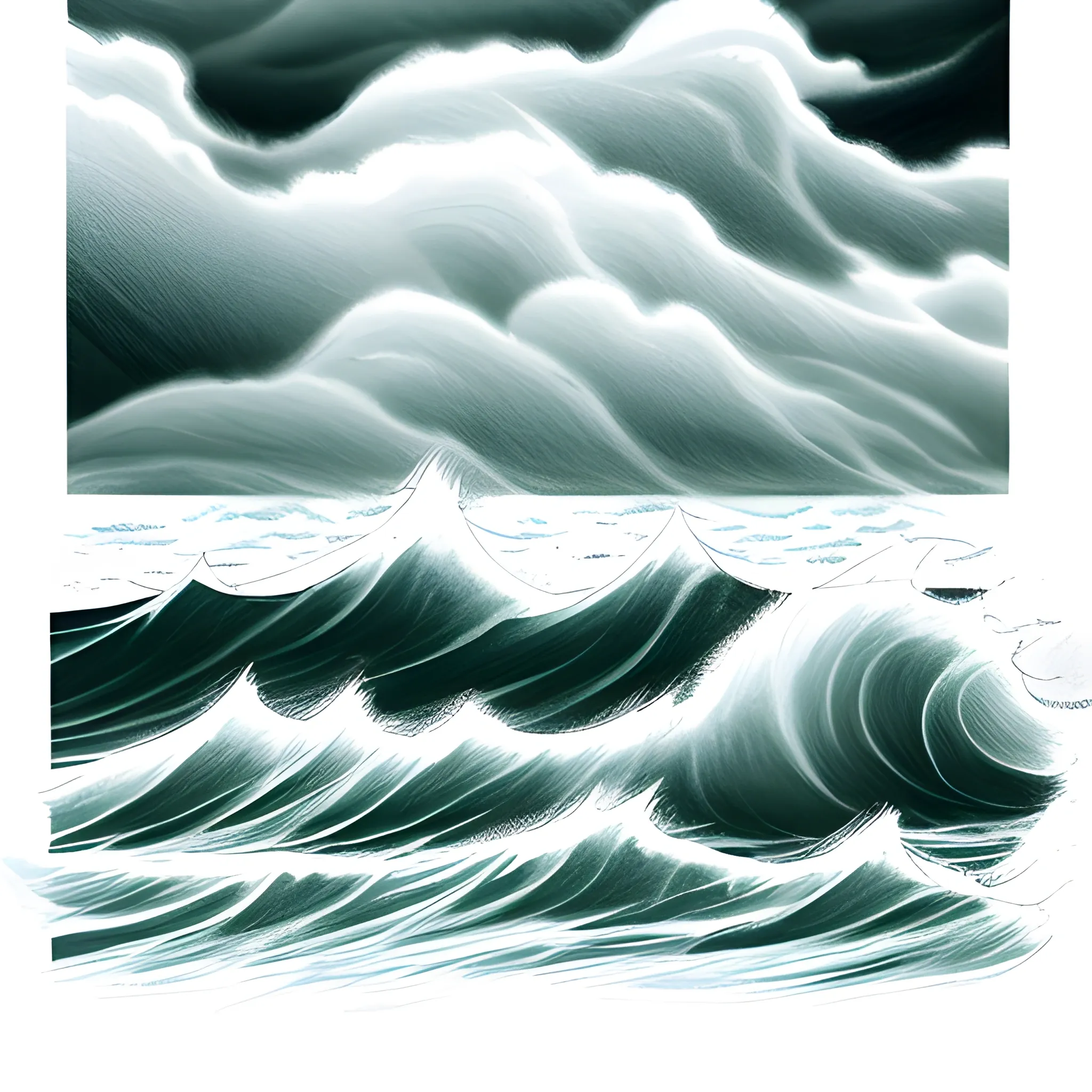 Stormy ocean. Choppy water. Clouds.  Pencil sketch. Tattoo style one color. Doodle 