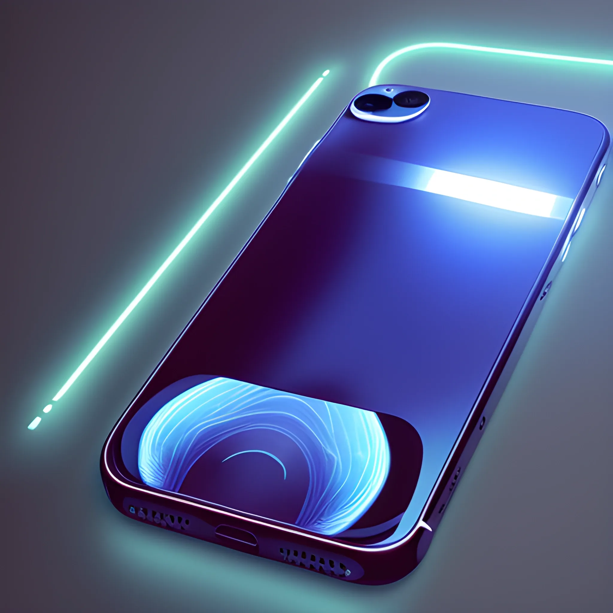 The iPhone 15 lies in a horizontal plane, only the side panel is visible. There are rays coming from the screen with a hologram of the phone screens. Photorealism, dark background