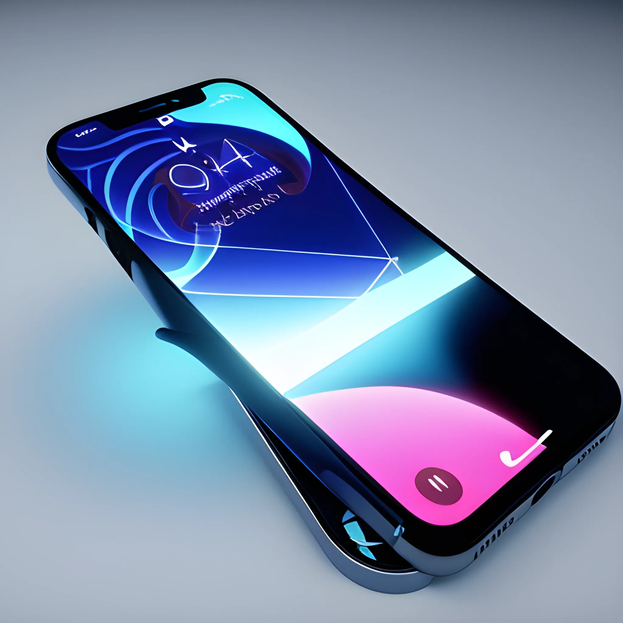 The iPhone 15 lies in a horizontal plane, only the side panel is visible. There are rays coming from the screen with a hologram of the phone screens. Photorealism, dark background