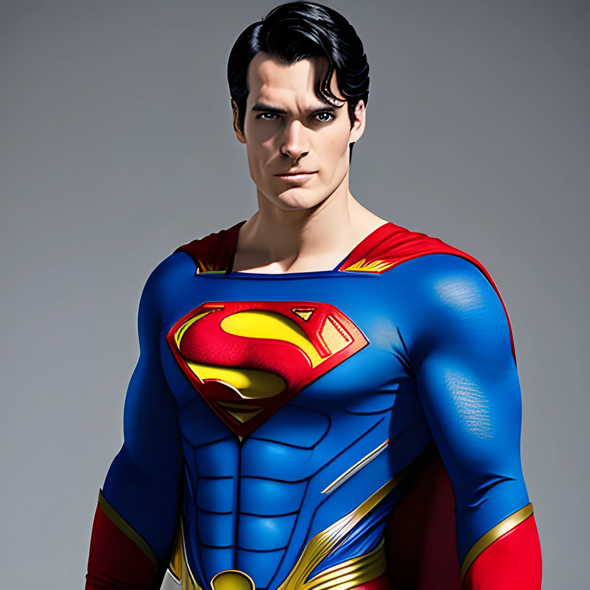 Superman, wearing blue suit with tight long sleeves, and red bracers