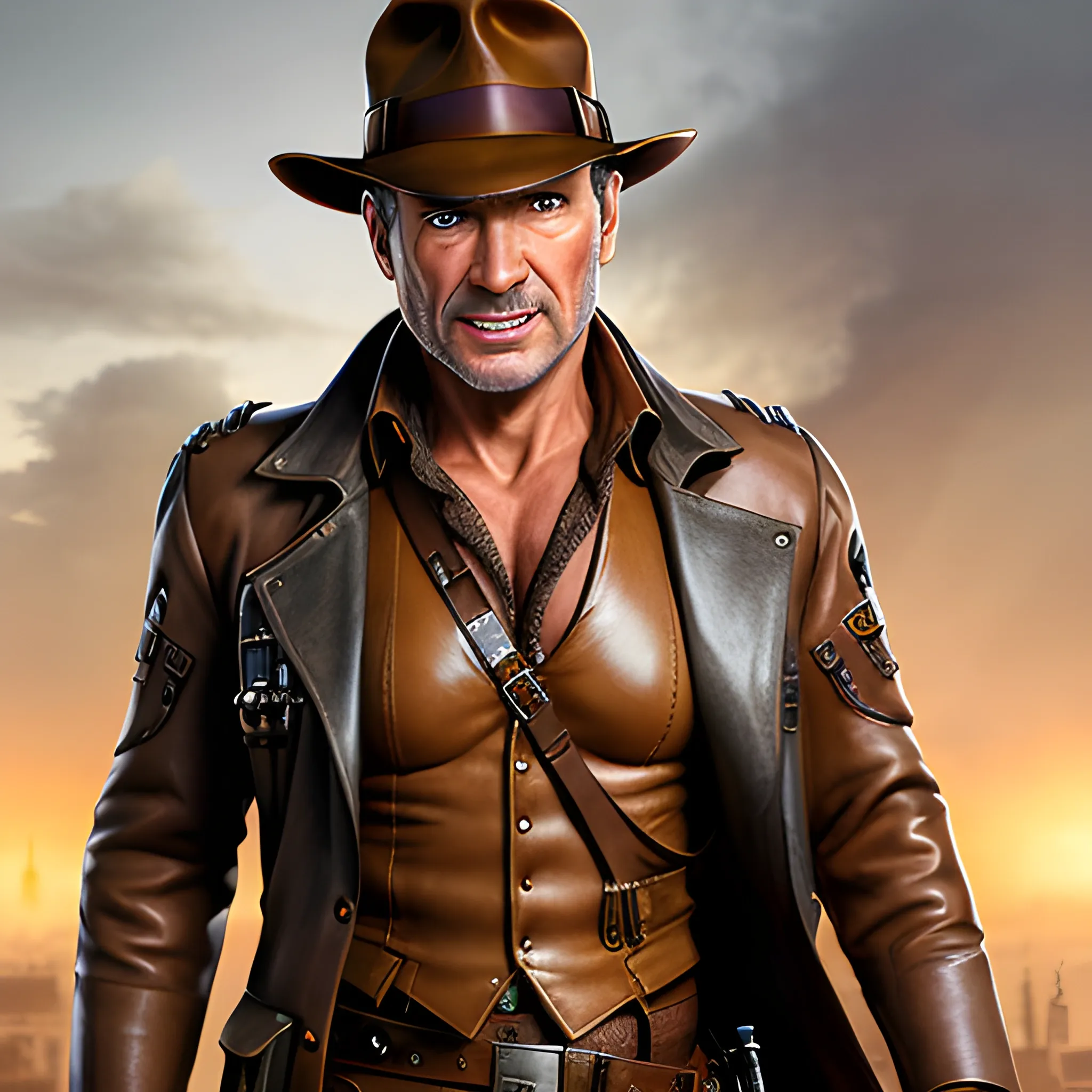 best quality, SFW, masterpiece, Indiana Jones, wearing a Fedora, detailed brown eyes, pretty old man, brilliant teeth, ultra high res, small ass, photorealistic, detailed skin steampunk, (beige or khaki-colored trousers made from sturdy and durable fabric:5), (steampunk pilot jacket:5), leather whip