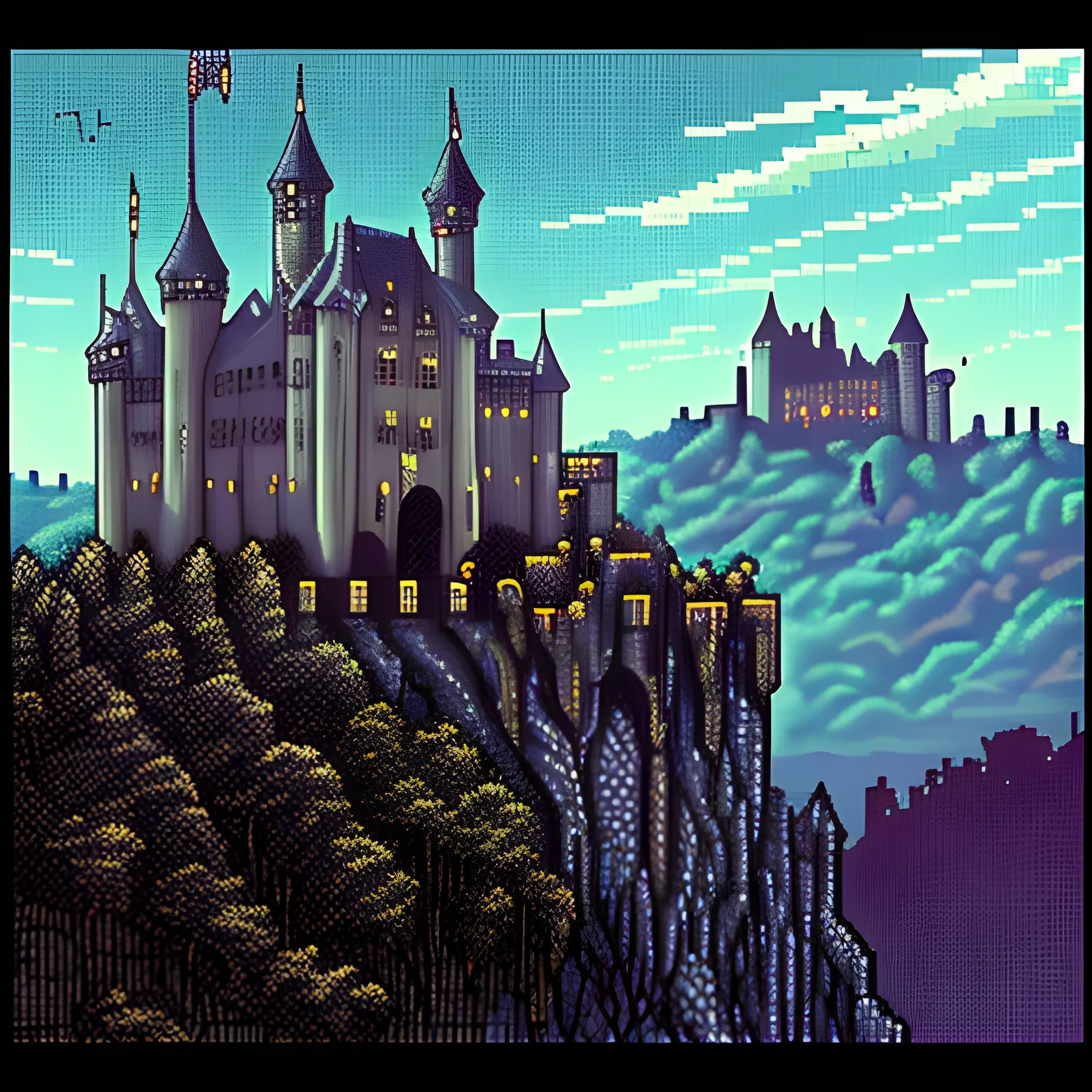 80s dark fantasy pixel knight dying overlooking castle in background

