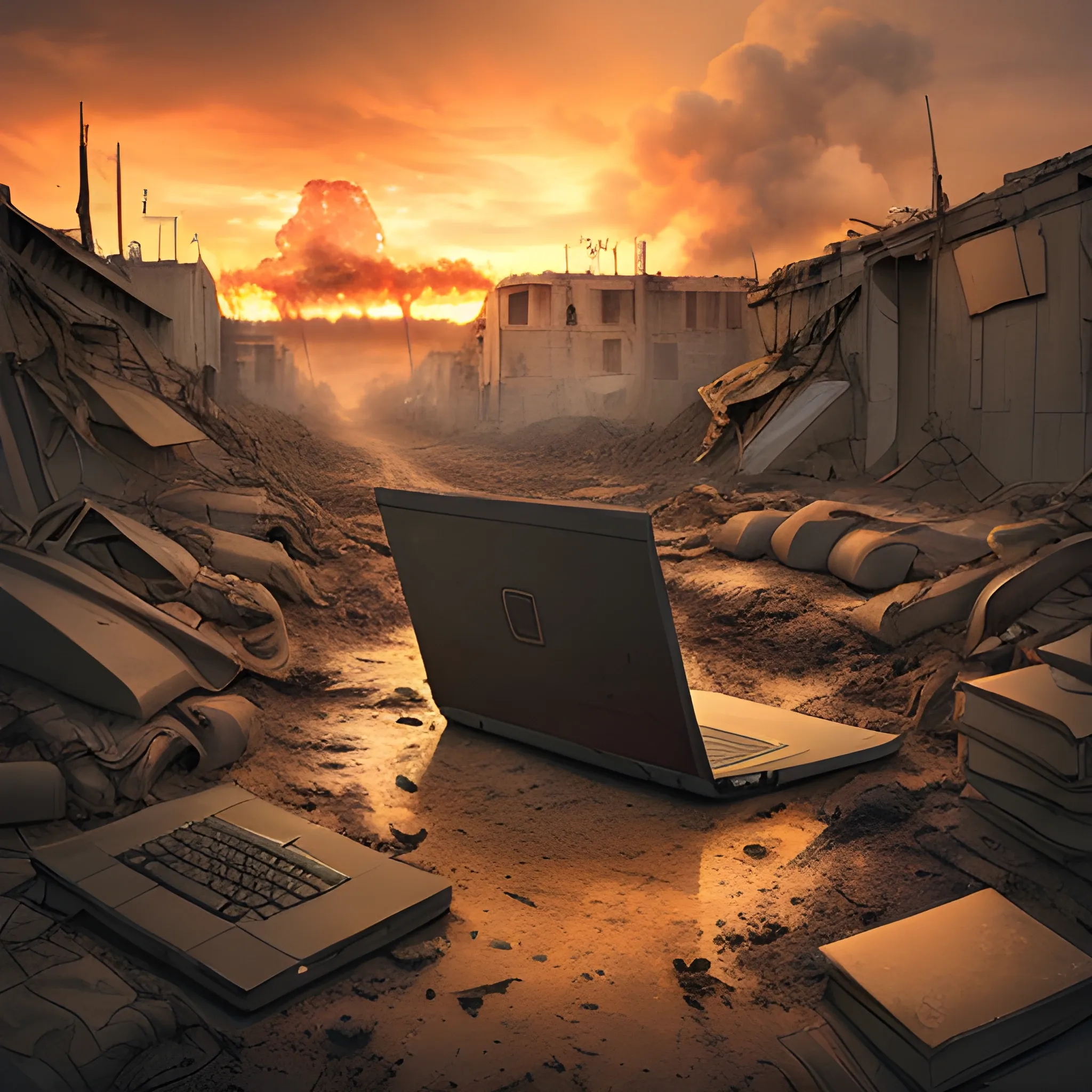 A laptop, in a trench amidst a war torn hellscape 