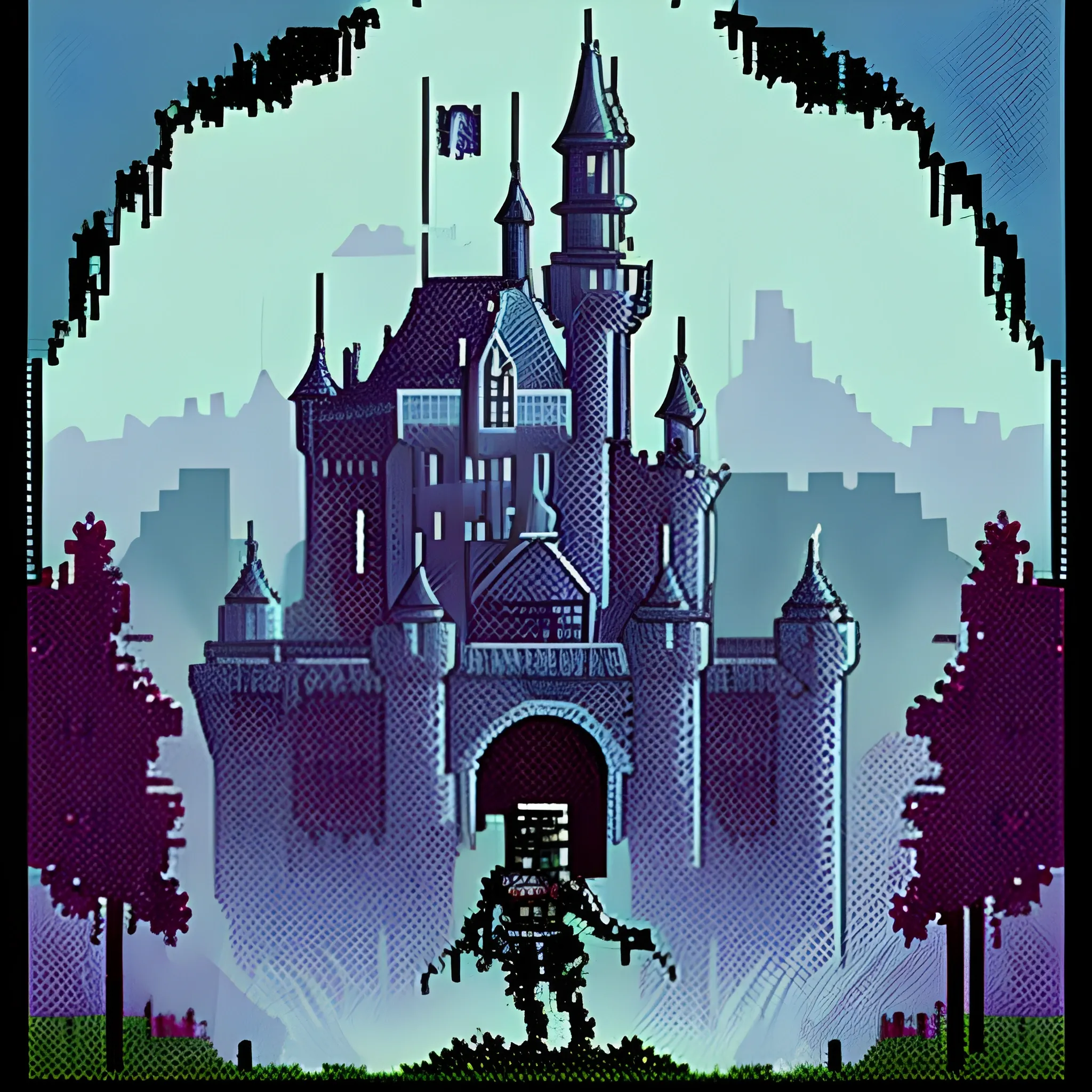 80s dark fantasy pixel knight dying  with castle in background

