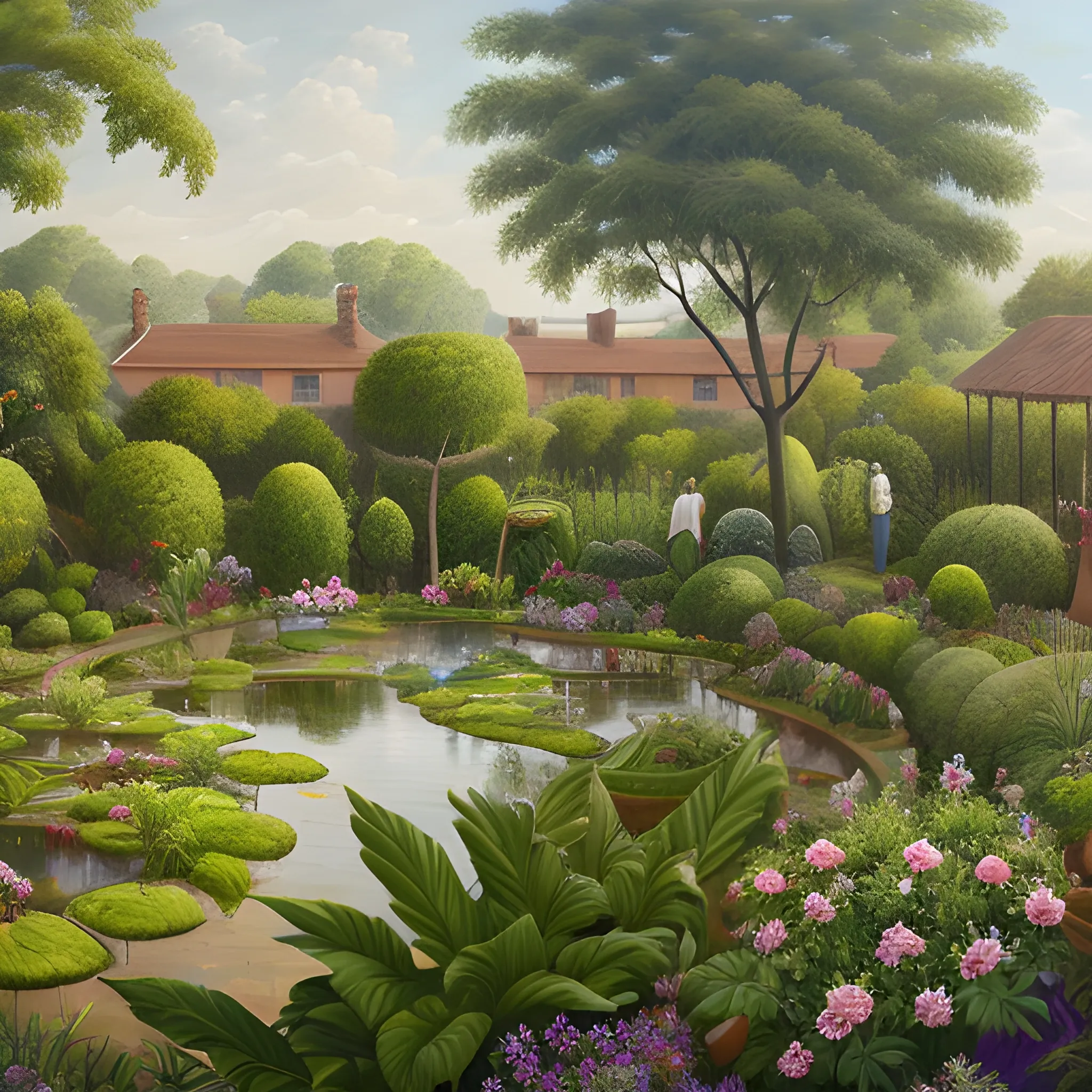 3. A panoramic view of a lush garden being watered, representing the value of hard work and diligence., Oil Painting