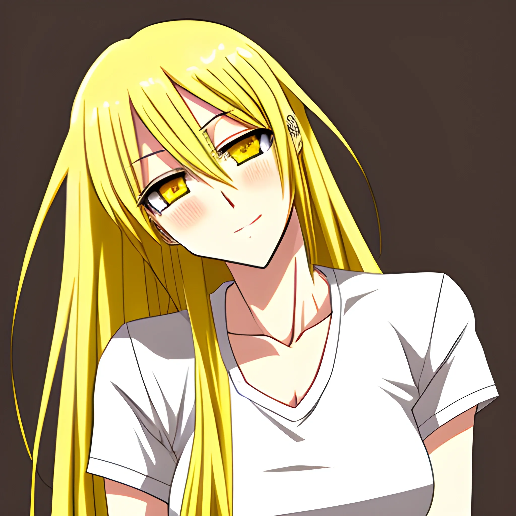 Anime art of a tall teen pretty and beautiful yellow haired girl with brown eyes, white t shirt, brown shorts and brown boots