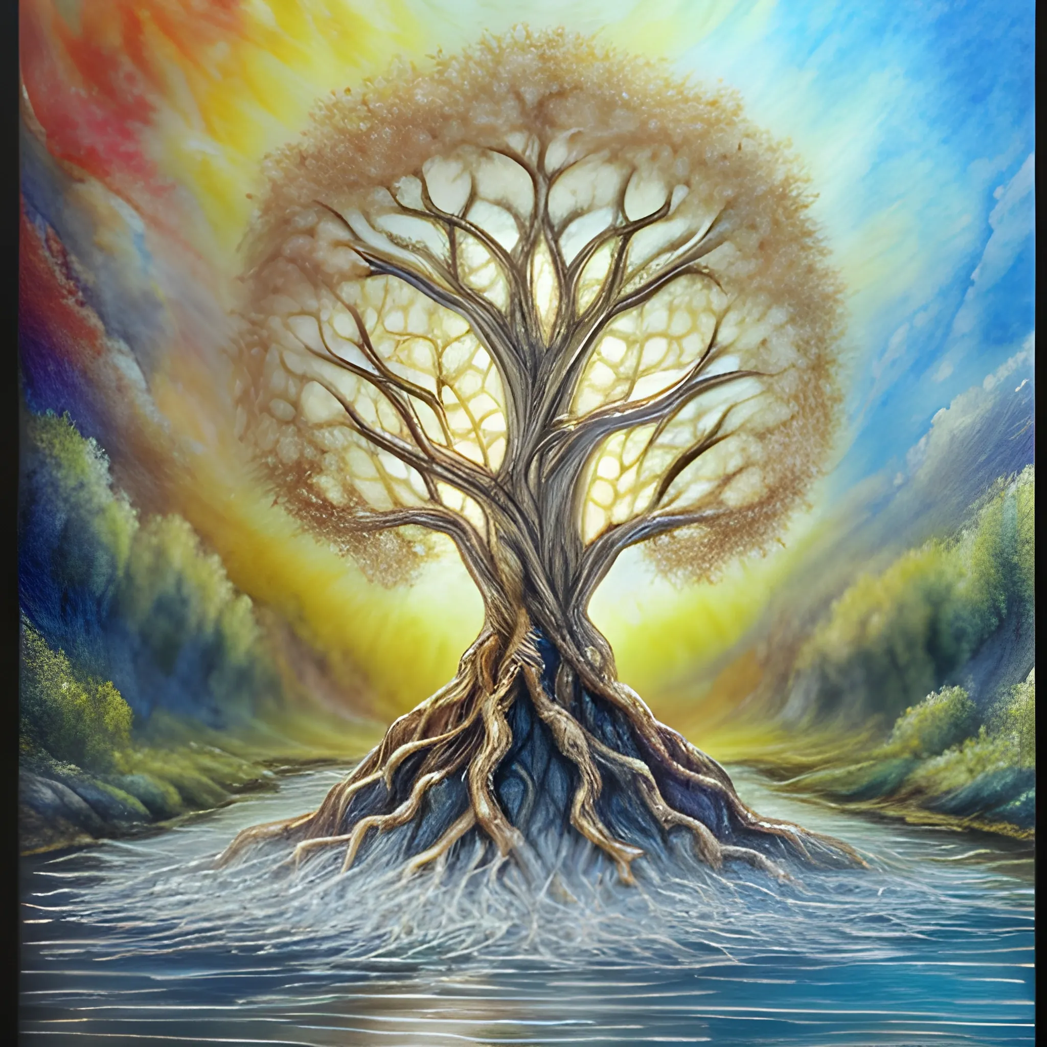 Draw heaven from a spiritual theological point of view, as the Bible describes it when Jesus comes in glory and majesty and takes his chosen people. It must have the tree of life, the river of life, streets of gold and the gates of the city with the precious stones that the Bible says., Pencil Sketch, Oil Painting, Water Color, 3D, Water Color