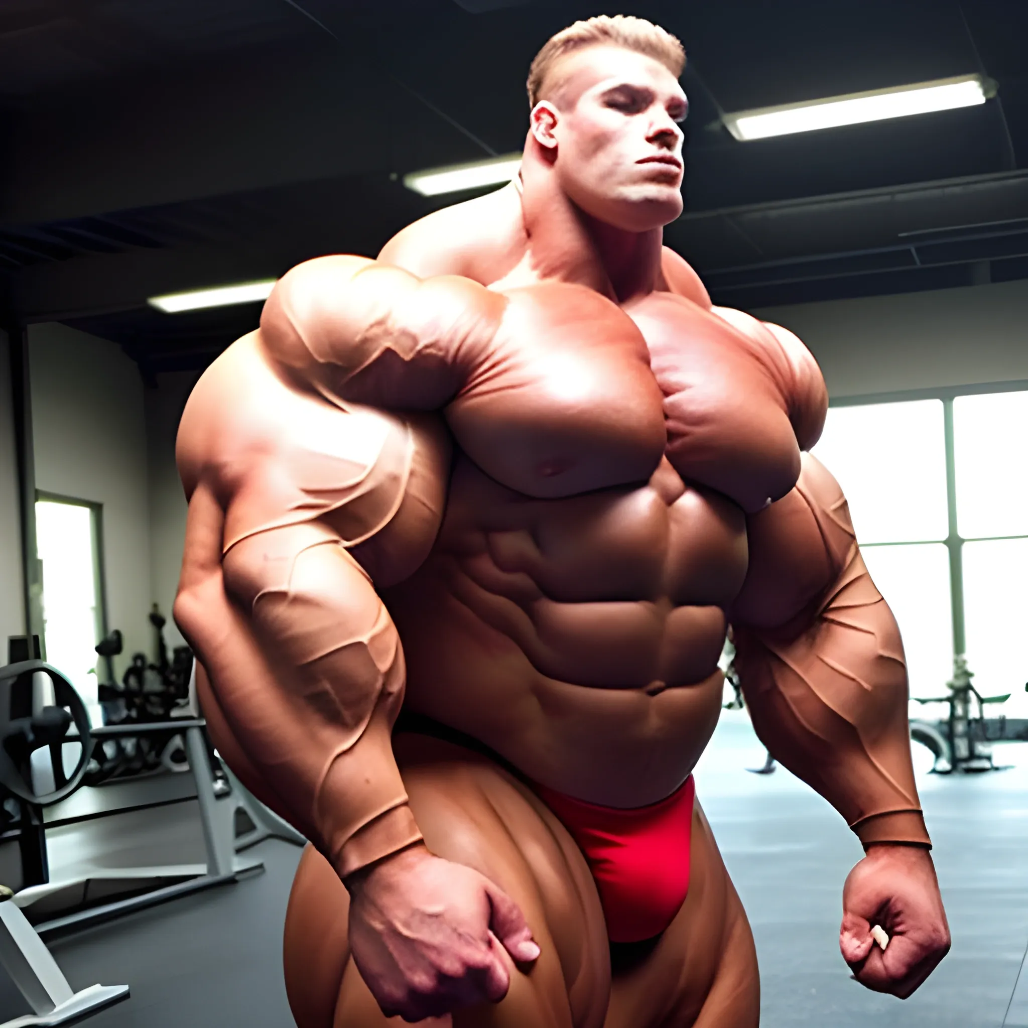 3-meter tall bodybuilder with a beautiful muscle morph, flex their massive 3000 lbs,  


