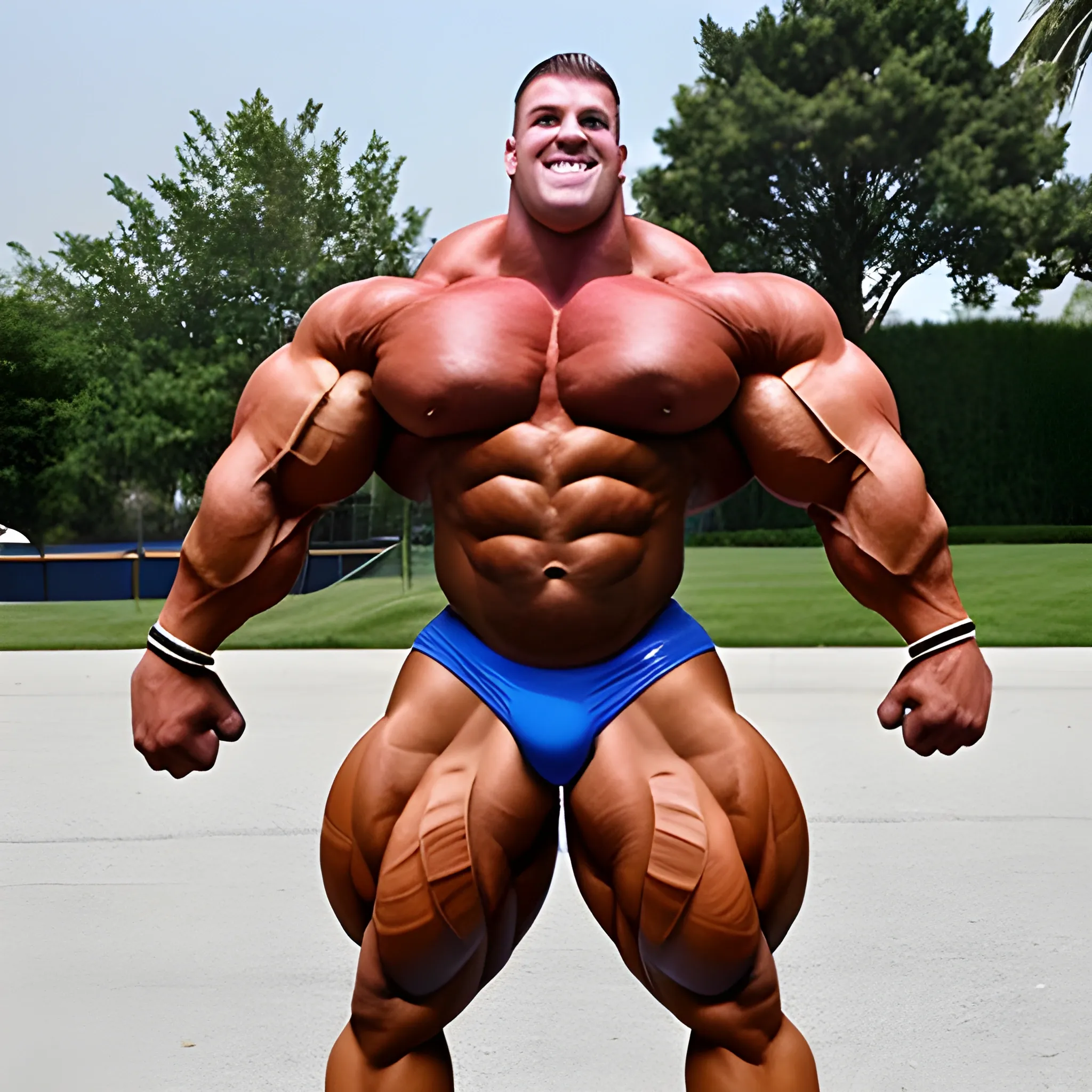 3-meter tall bodybuilder with a beautiful muscle morph, flex their massive 3000 lbs,  


