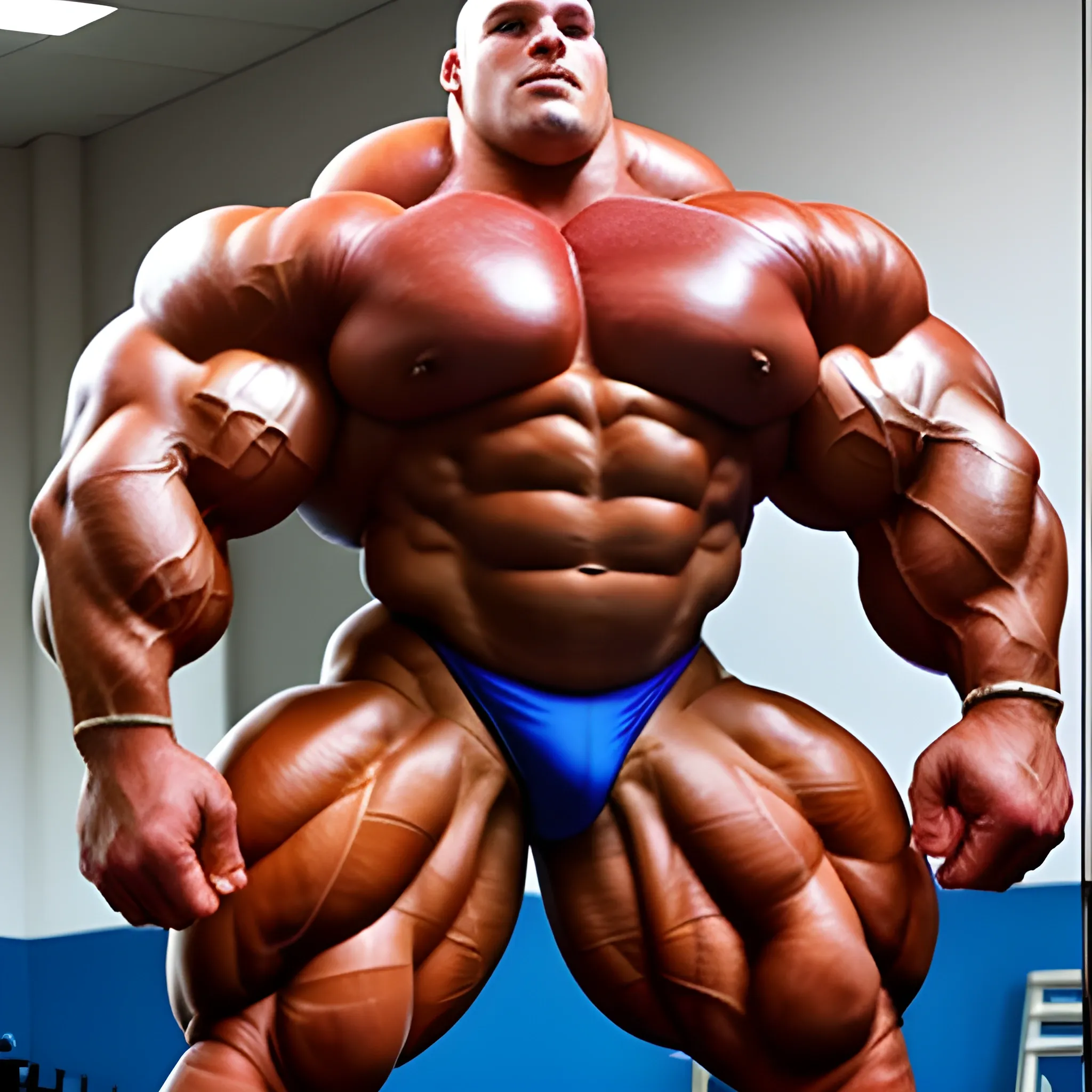 3-meter tall bodybuilder with a beautiful muscle morph, flex their massive 3000 lbs,  


