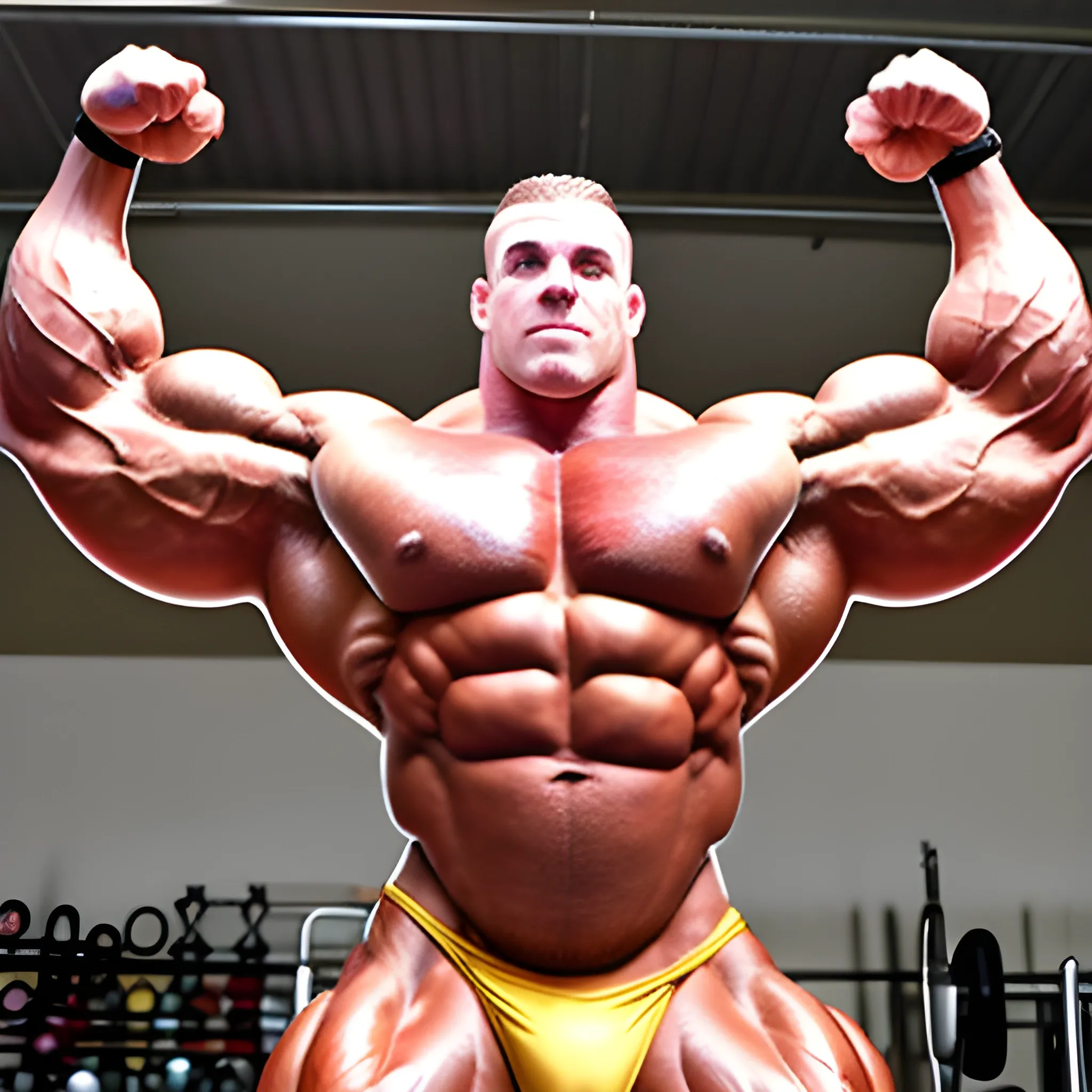 3-meter tall bodybuilder with a beautiful muscle morph, flex their massive 3000 lbs,  


