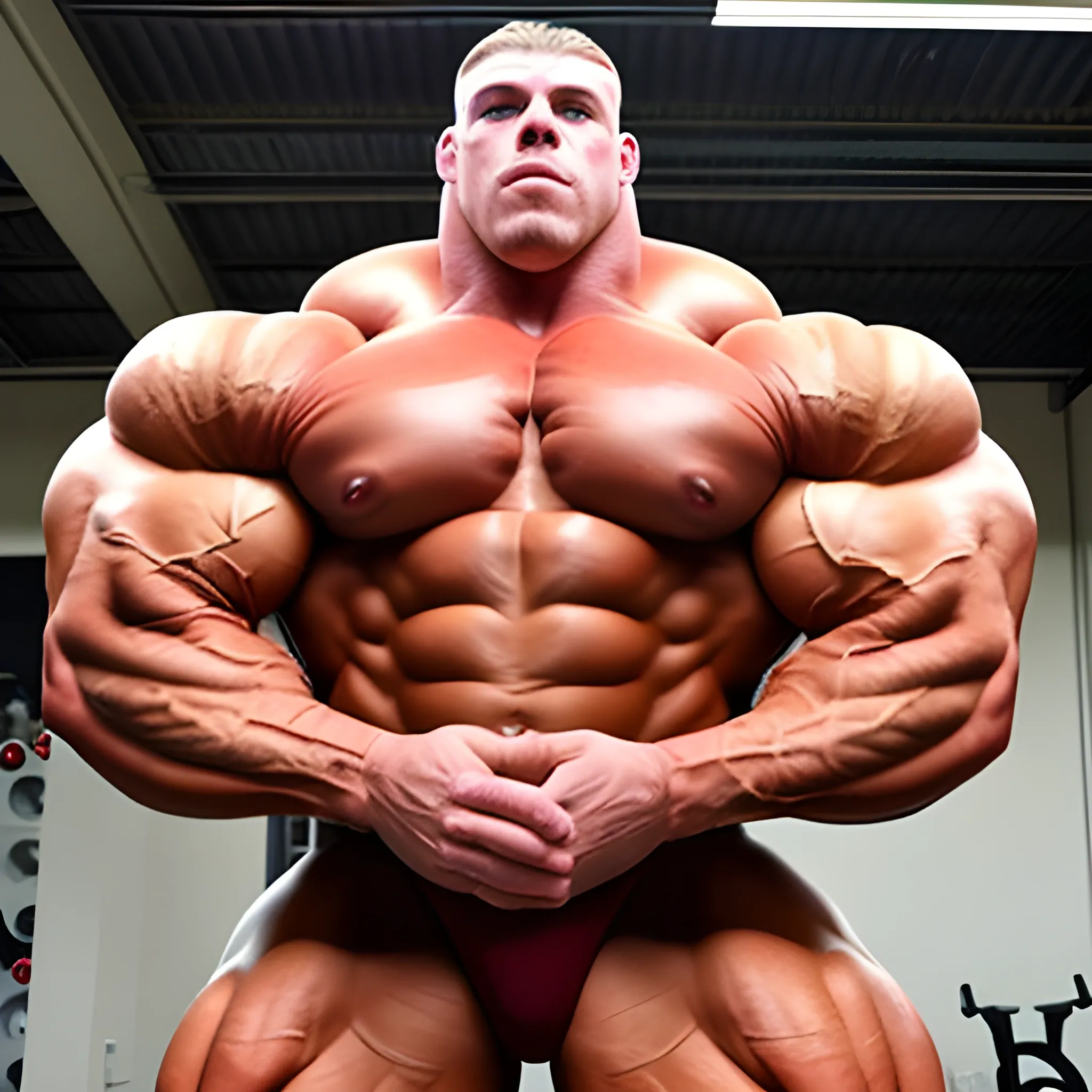 3-meter tall bodybuilder with a beautiful muscle morph, flex their massive 3000 lbs,  


