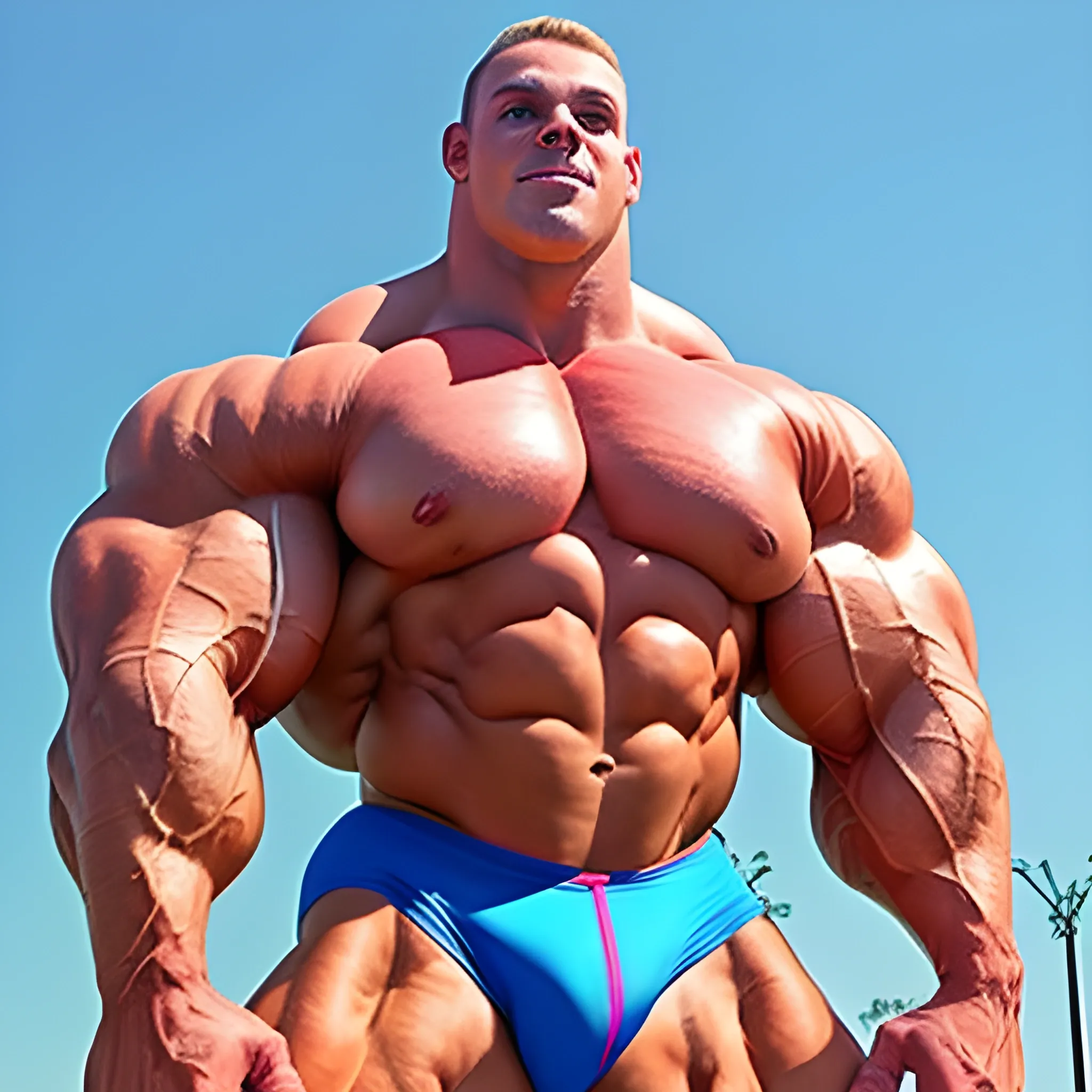 3-meter tall bodybuilder with a beautiful muscle morph, flex their massive 3000 lbs,  


