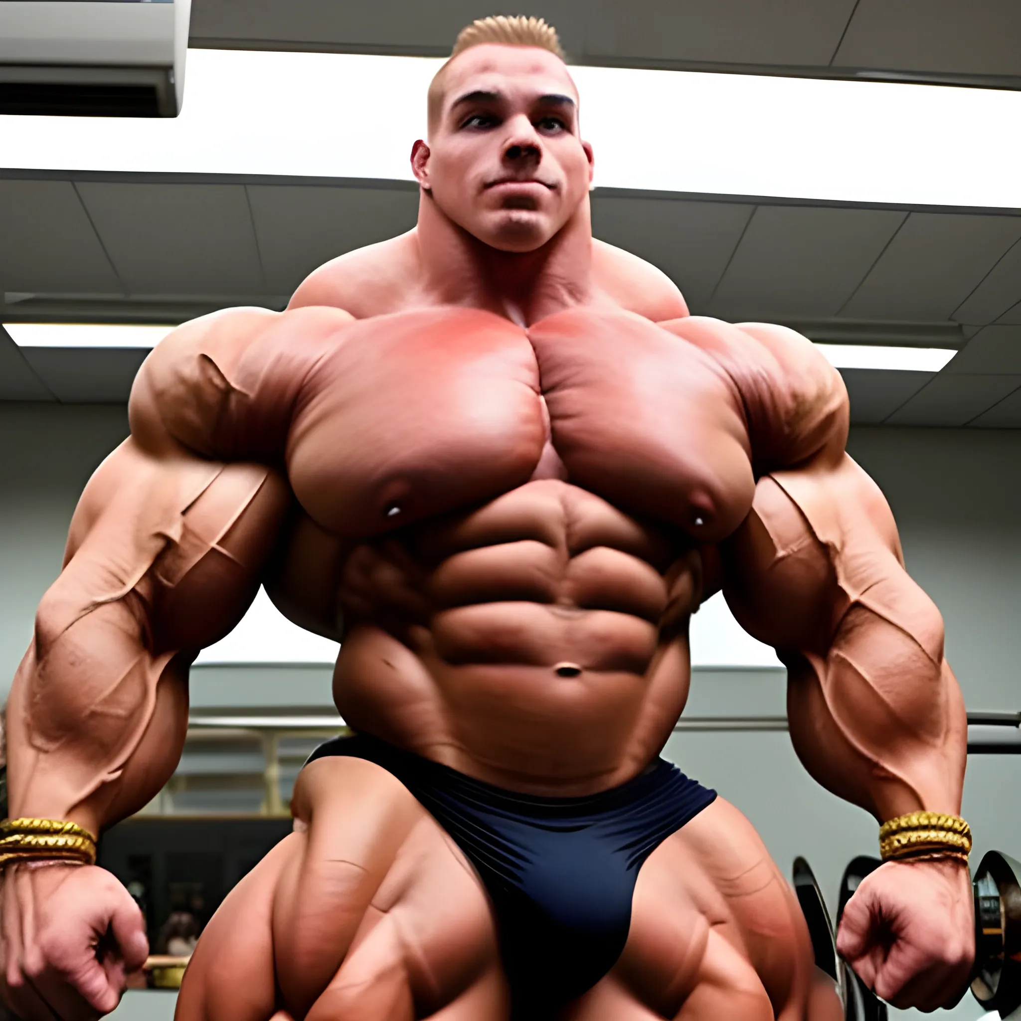 3-meter tall bodybuilder with a beautiful muscle morph, flex their massive 3000 lbs,  


