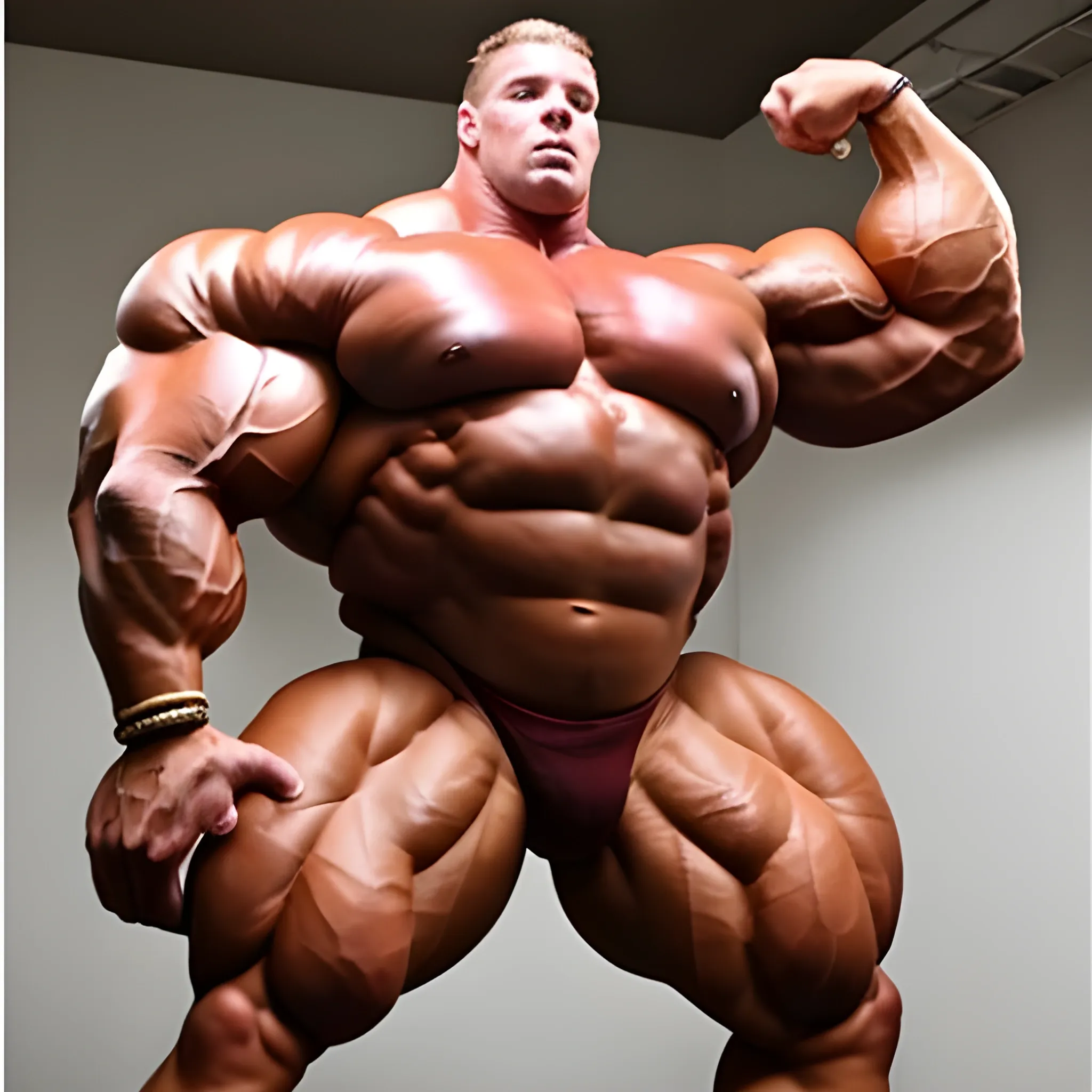 3-meter tall bodybuilder with a beautiful muscle morph, flex their massive 3000 lbs,  


