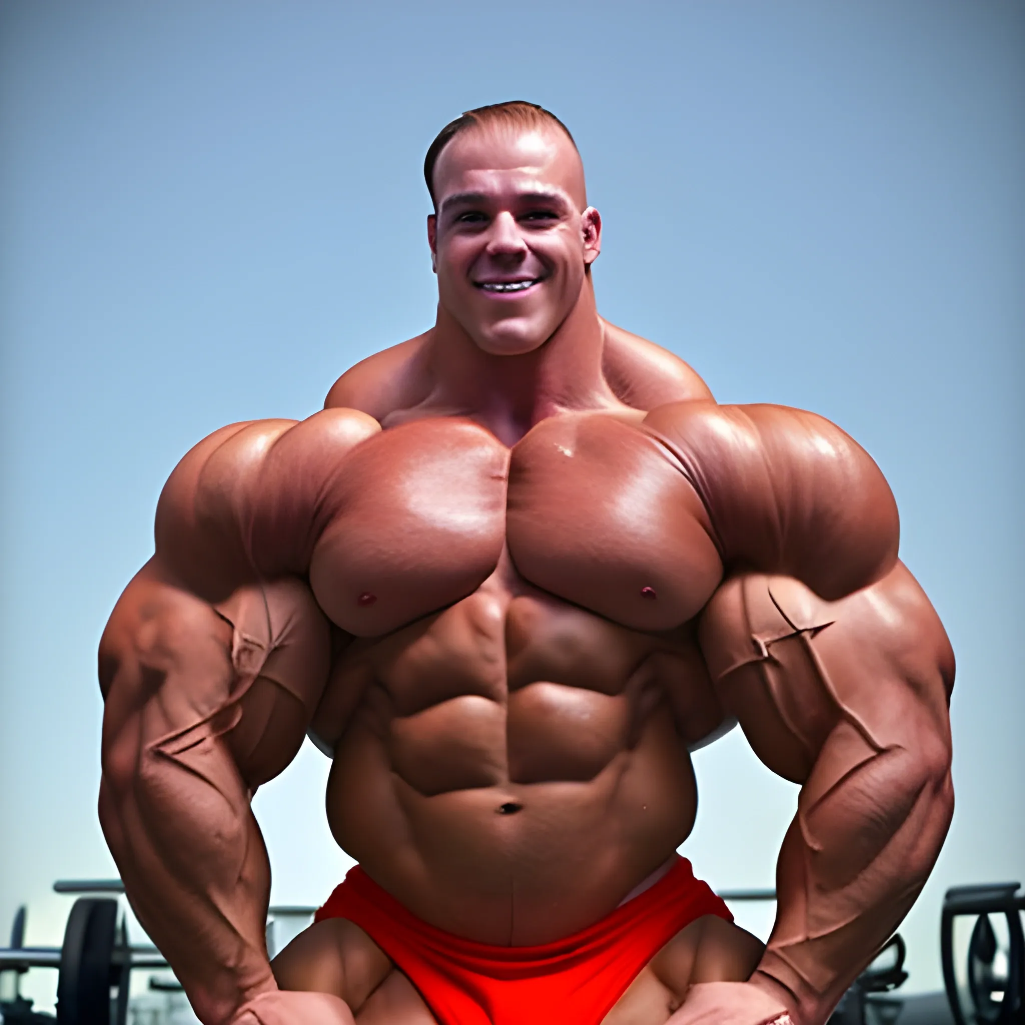 3-meter tall bodybuilder with a beautiful muscle morph, flex their massive 3000 lbs,  


