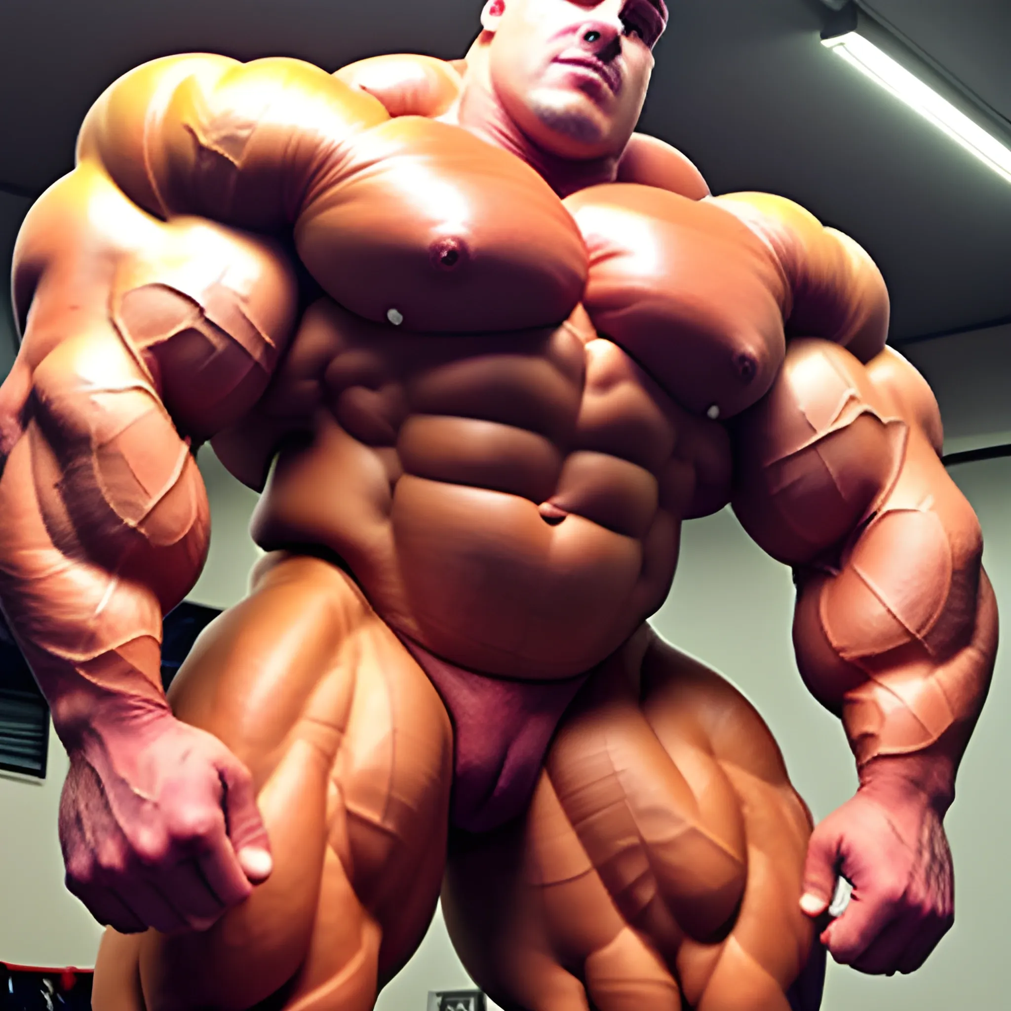 3-meter tall bodybuilder with a beautiful muscle morph, flex their massive 3000 lbs,  


