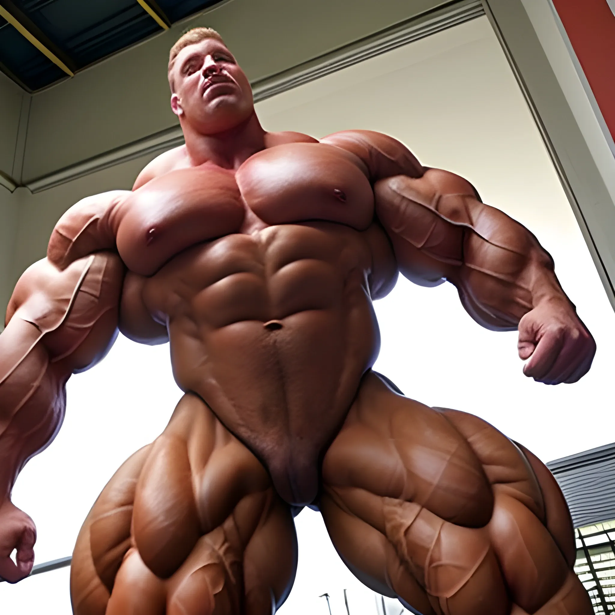 3-meter tall bodybuilder with a beautiful muscle morph, flex their massive 3000 lbs,  


