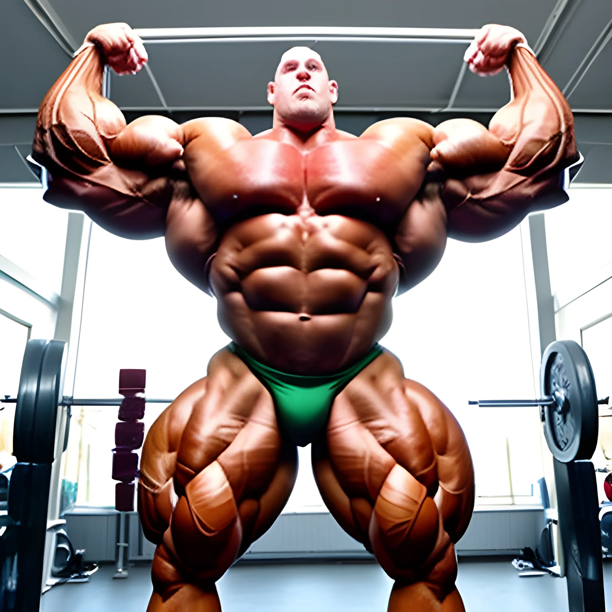 3-meter tall bodybuilder with a beautiful muscle morph, flex their massive 3000 lbs,  


