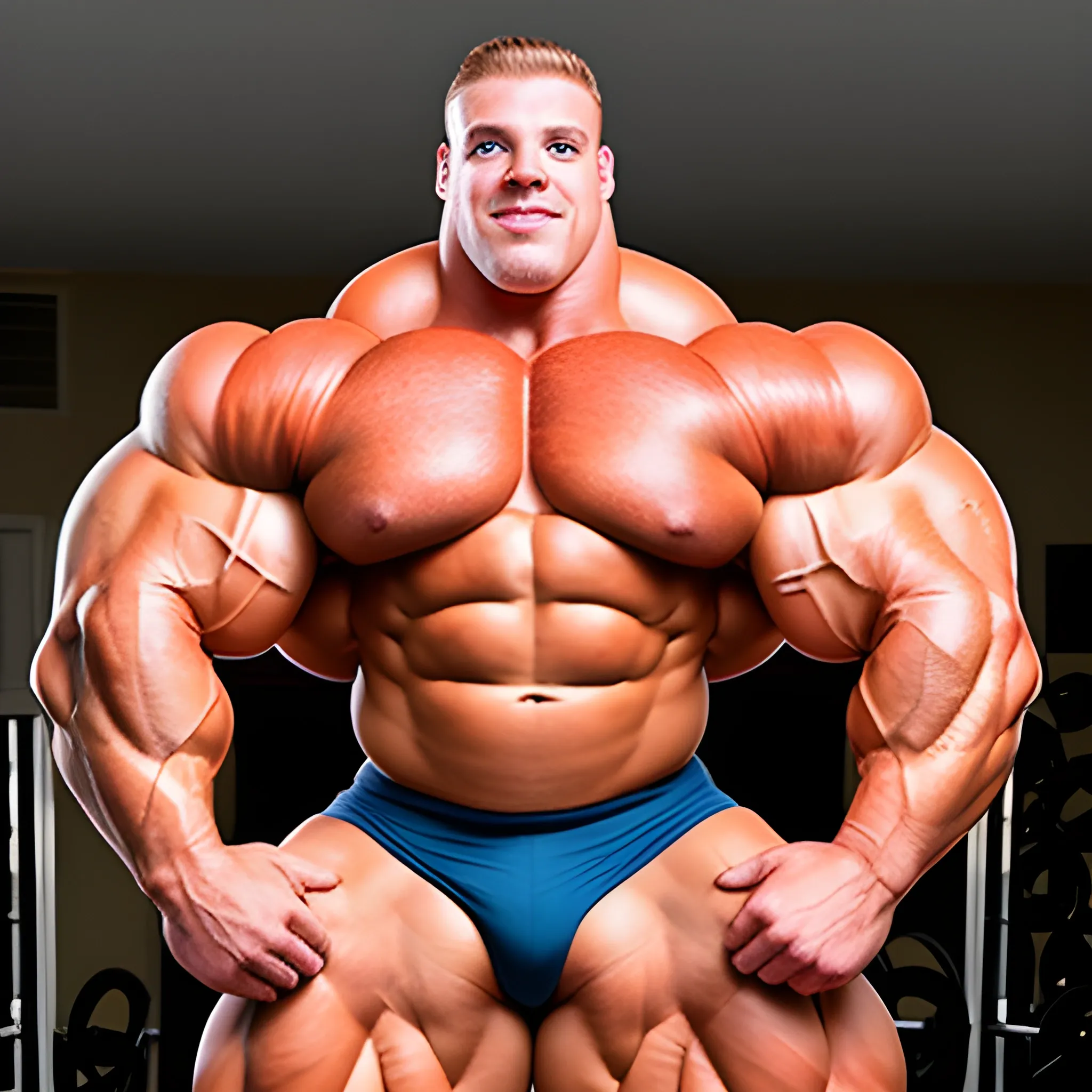 3-meter tall bodybuilder with a beautiful muscle morph, flex their massive 3000 lbs,  


