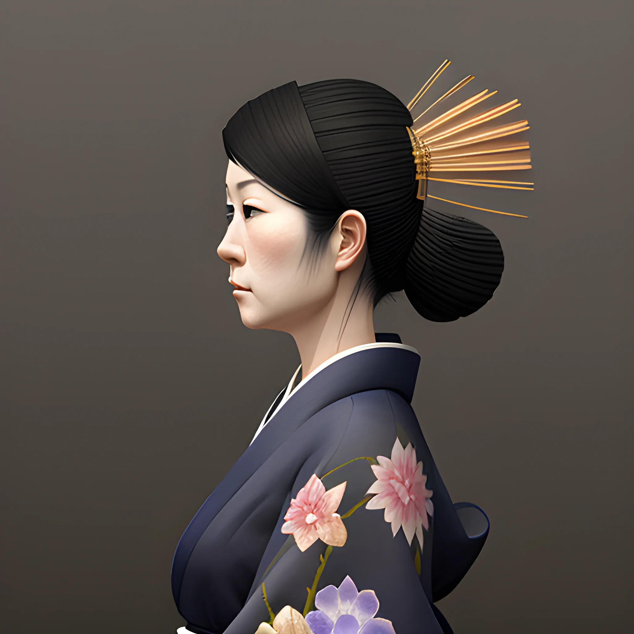 Side view of a woman wearing a kimono in a chiaroscuro style, 3D, Water Color, Oil Painting, 3D