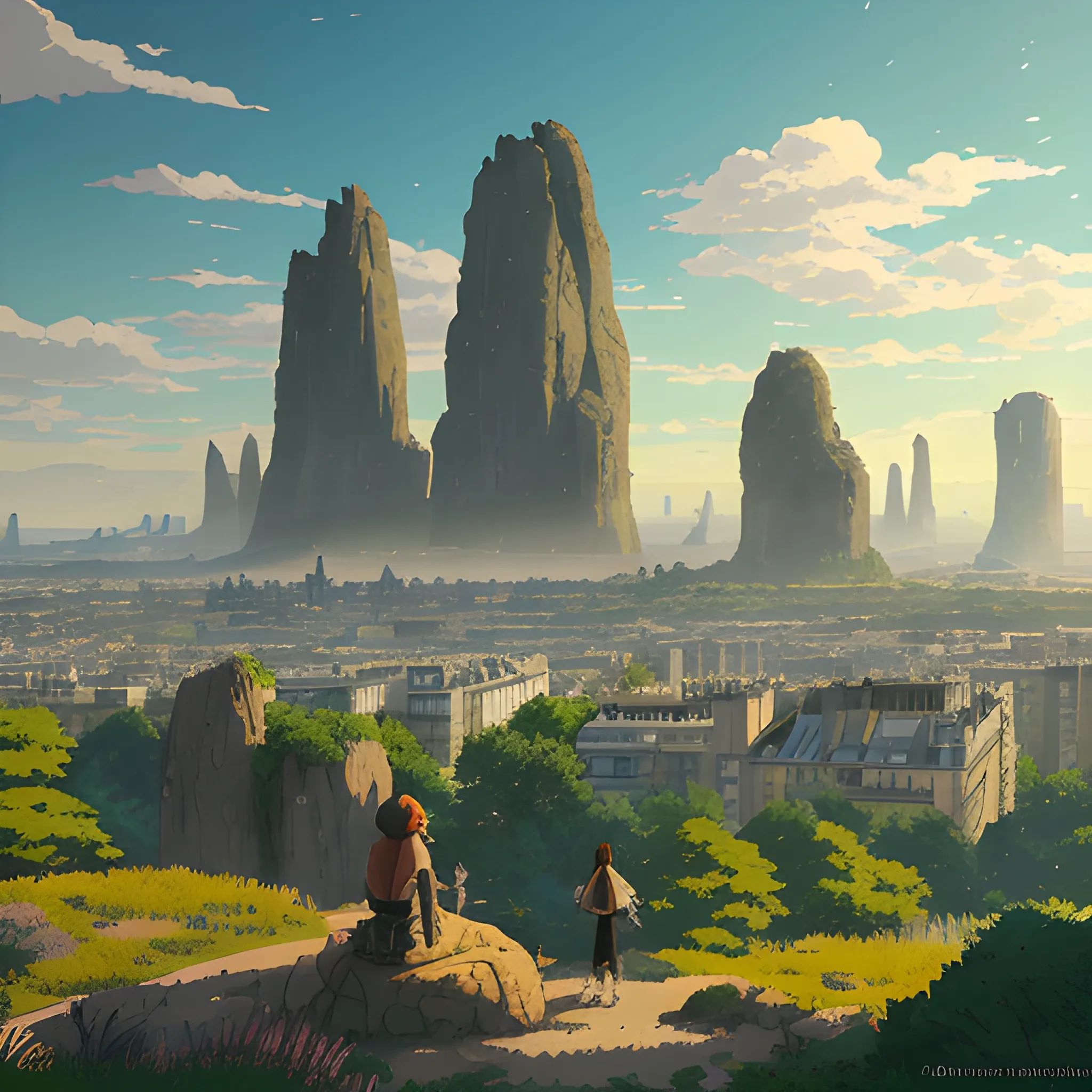 City of Paris, a top view of a giants rocks, grasses... in the style of makoto shinkai and greg rutkowski and albert bierstadt and james gurney