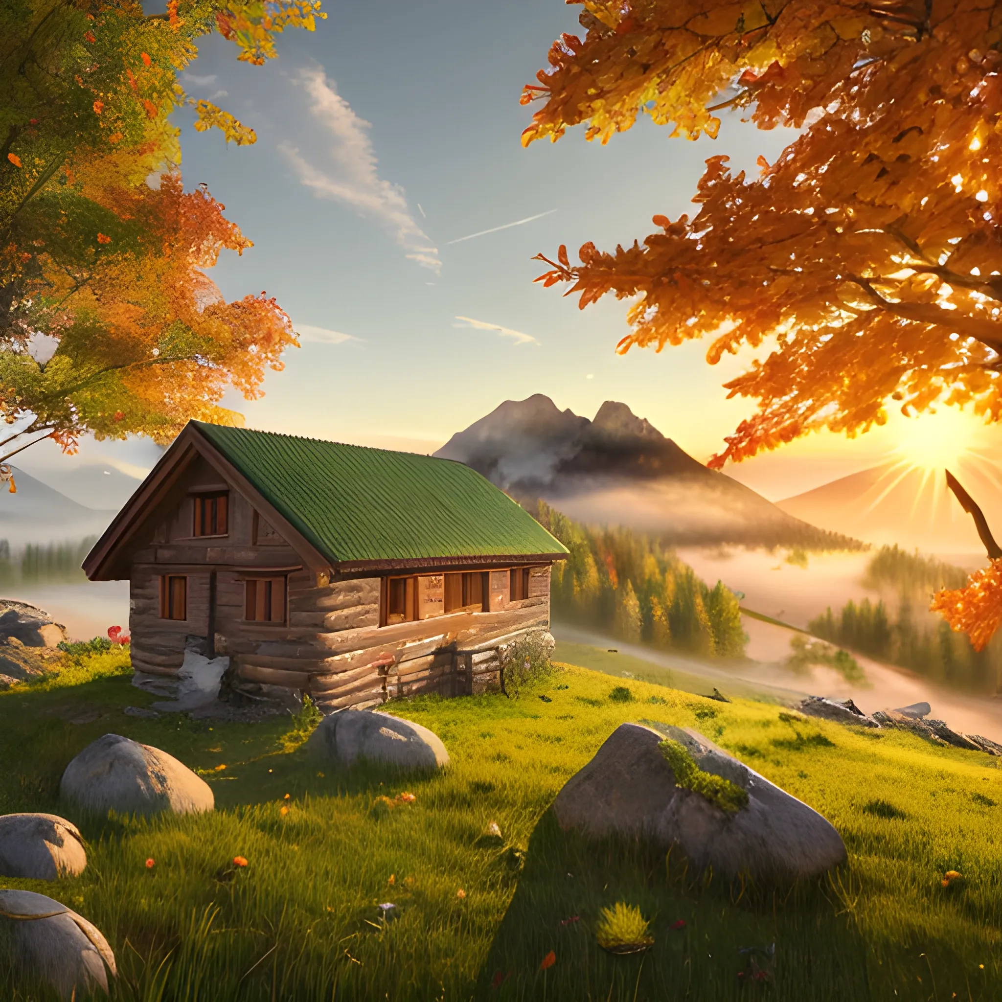 Mountain hut, green grass, Indian Summer, leafs falling, warm light, fine details, high definition, realism, sunrise, raytracing, spectacular light, fog, HD, 8k, Water Color