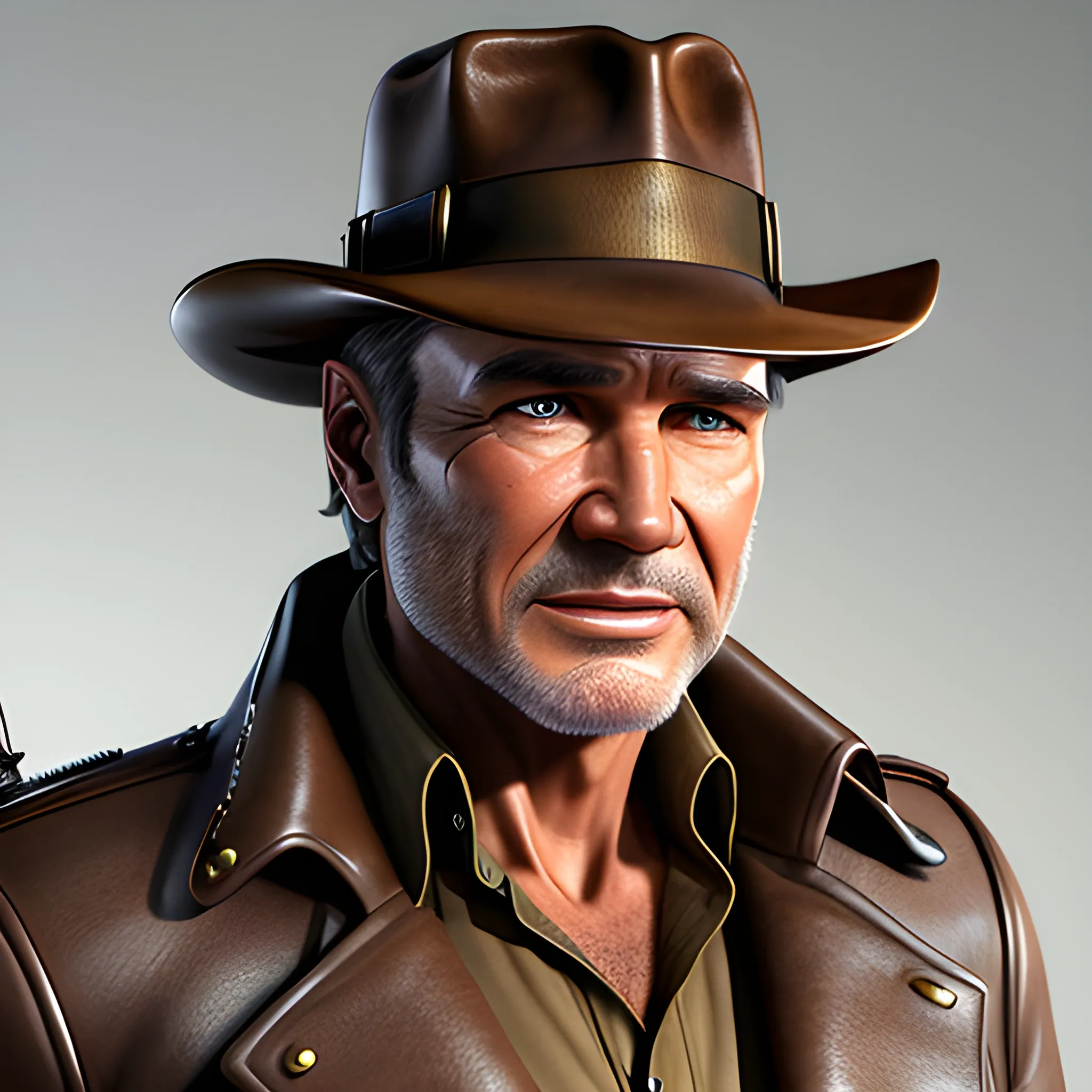 best quality, SFW, masterpiece, Indiana Jones, wearing a Fedora, detailed brown eyes, pretty old man, brilliant teeth, ultra high res, small ass, photorealistic, detailed skin steampunk, (beige or khaki-colored trousers made from sturdy and durable fabric:5), (steampunk pilot jacket:5), leather whip, 3D