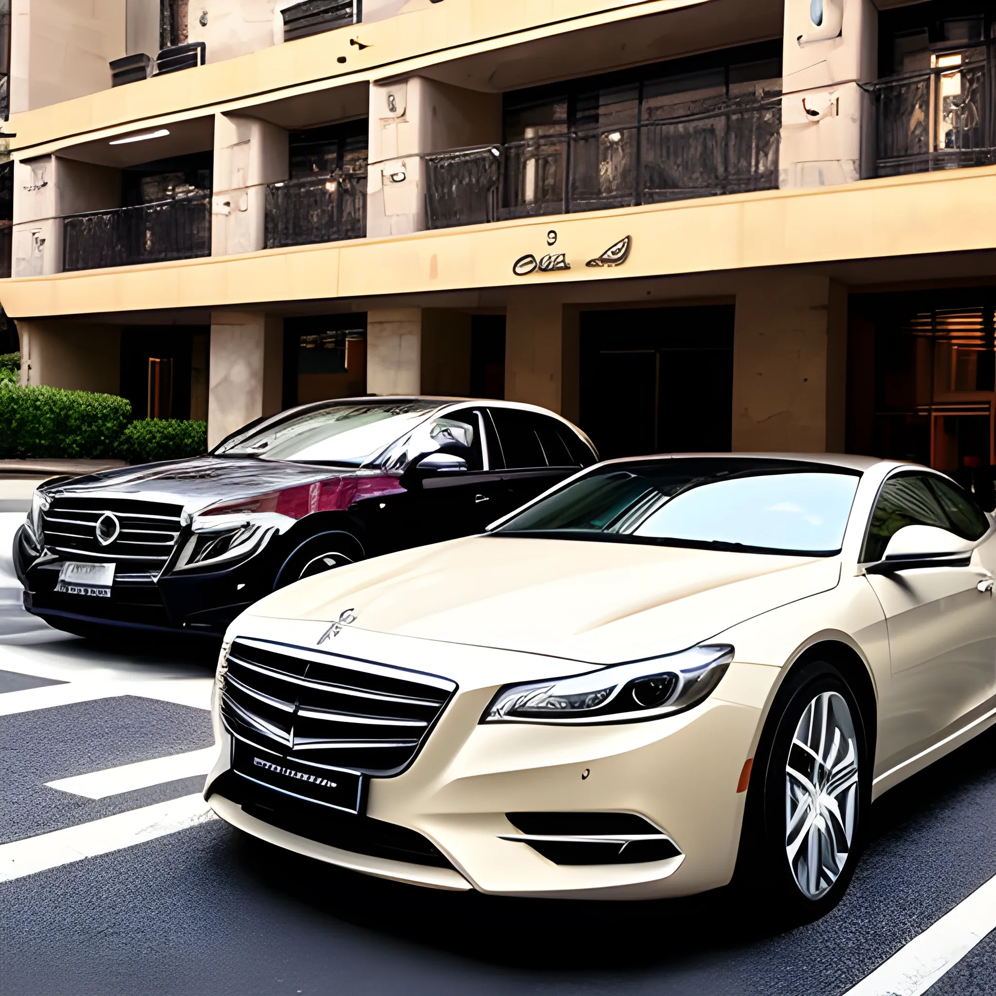 An mvp car，Parked in front of the hotel，The hotel is very luxurious