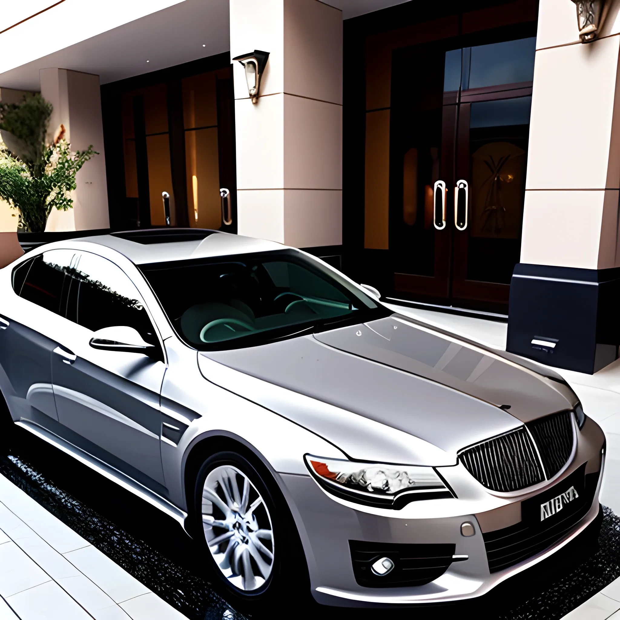 An mvp car，Parked in front of the hotel，The hotel is very luxurious，Take a longer view，car is silver，car looks fancy，

