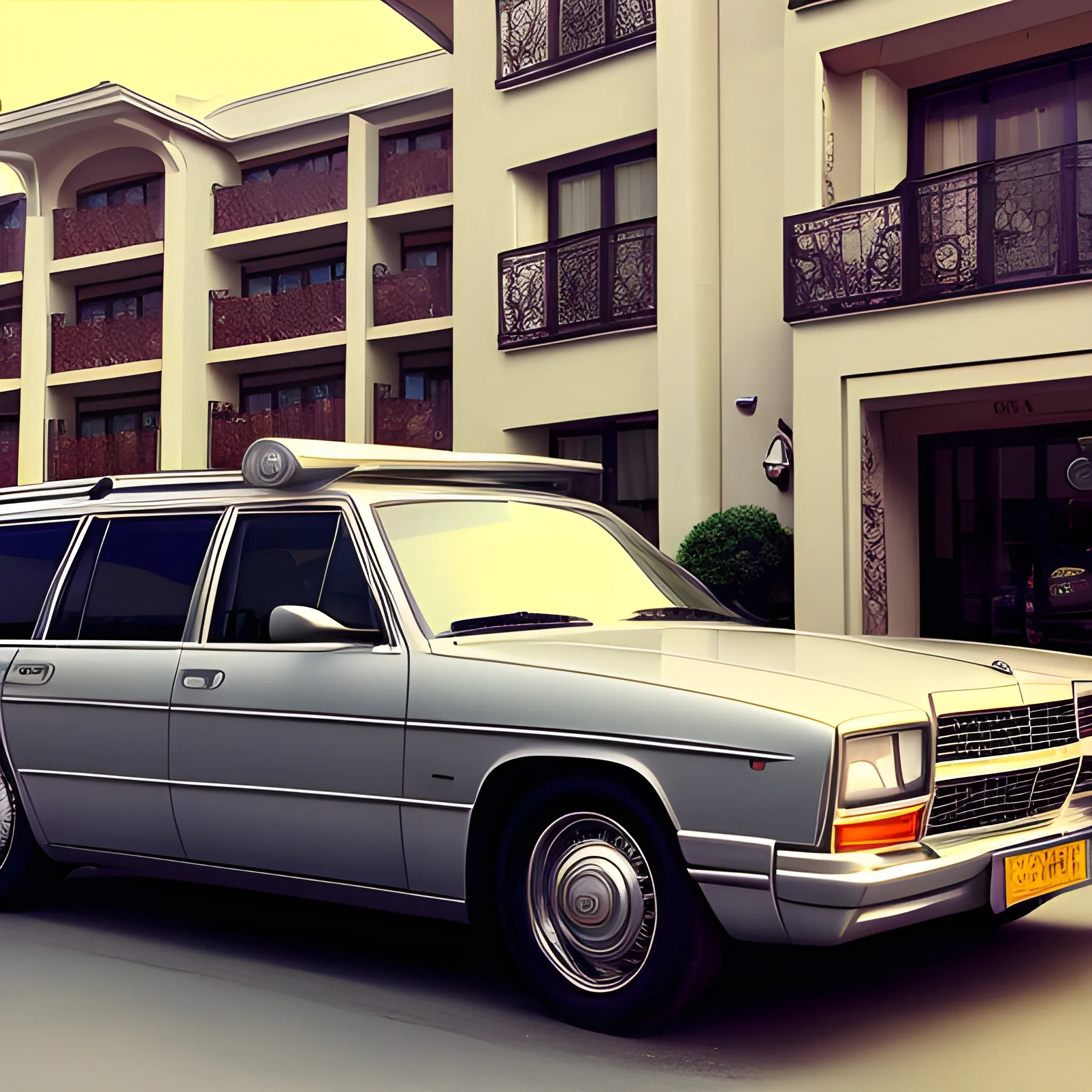 Anstation wagon，Parked in front of the hotel，The hotel is very luxurious，Take a longer view，car is silver，car looks fancy，Style like photography



