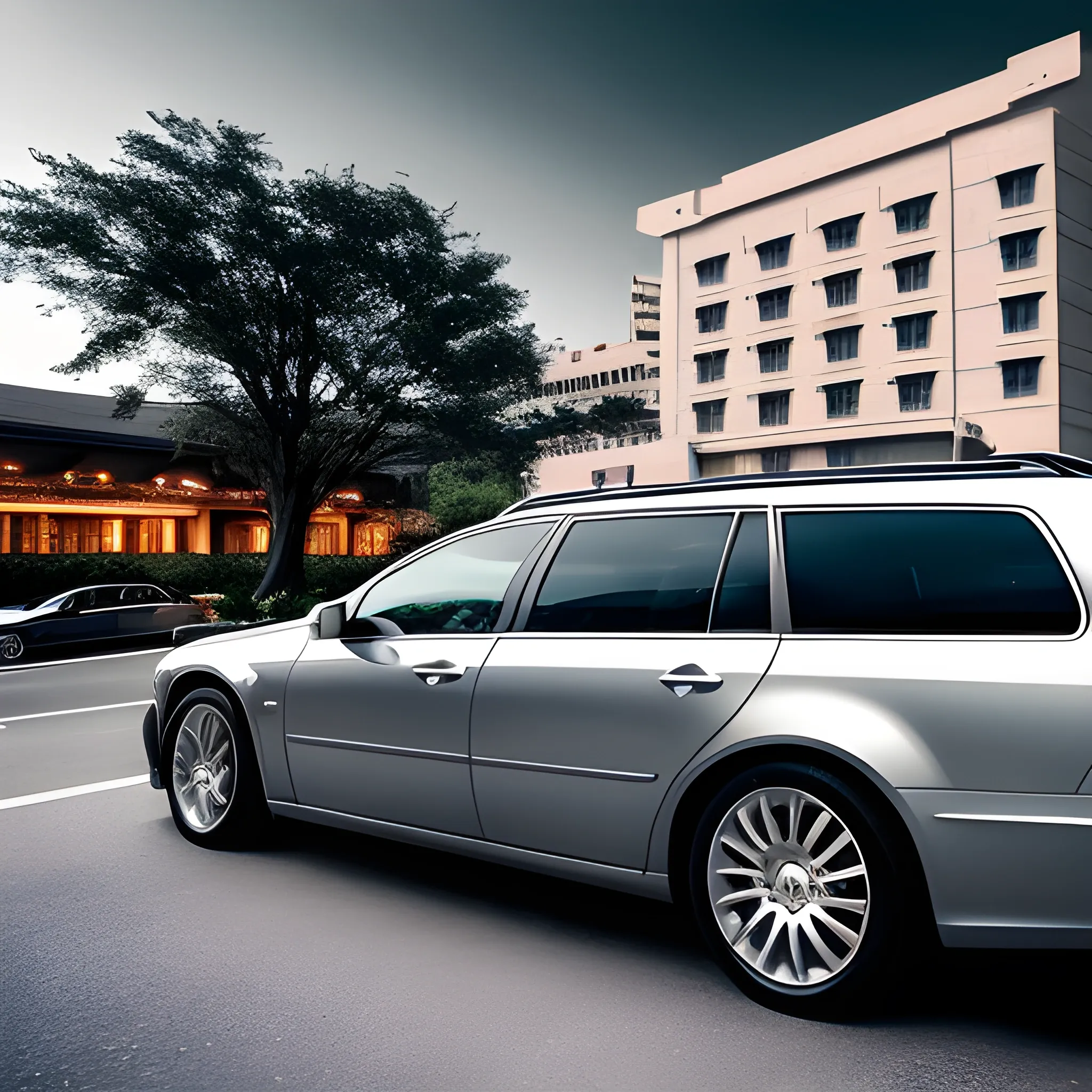 Anstation wagon，Parked in front of the hotel，The hotel is very luxurious，Take a longer view，car is silver，car looks fancy，Style like photography，Modern situation



